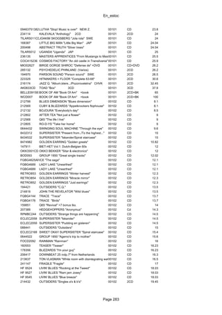 En_estoc
Page 283
094637513828LUTHA "Stop! Music is over" NEW Z. 00101 CD 23.8
234114 KALEVALA "Anthology" 2CD 00101 2CD 24
TILAR5011CDJOAKIM SKOGSBERG "Jola rota" SWE 00101 CD 24
168387 LITTLE BIG MAN "Little Big Man" JAP 00101 CD 24.04
200498 ABSTRACT TRUTH "Silver trees" 00101 CD 24.04
TILAR5012 UGANDA "Uganda" JAP 00101 CD 25
236135 MASTERS APPRENTICES "From Mustangs to Masters"00101 CD 25.5
COCA15236 COSMOS FACTORY "An old castle in Transilvania" JAP00101 CD 25.9
MIO02627 BIRGE GORGE SHIROC "Defense de" +DVD 00101 CD+DVD 26.2
285132 PSYCHEDELIC PHINLAND (Varios) 00101 2CD 26.2
194970 PARSON SOUND "Parson sound" SWE 00101 2CD 26.5
223329 HITMAKERS + FLOOR "Complete 63-68" 00101 2CD 30.6
216174 JAZZ Q. "Album,ktere.../Pozorovatelna" CHVK 00101 2CD 32.45
AK0833CD TOAD "Box" 3CD 00101 3CD 37.9
BELLE0915878BOOK OF AM "Book Of Am" +book 00101 2CD+BK 65
WCD007 BOOK OF AM "Book Of Am" +book 00101 2CD+BK 100
212799 BLUES DIMENSION "Blues dimension" 00102 CD 8.1
212569 CUBY & BLIZZARDS "Appelknockers flophouse" 00102 CD 8.1
212132 BOJOURA "Everybody's day" 00102 CD 8.5
212802 AFTER TEA "Not just a flower" 00102 CD 9
212568 Q65 "The life I live" 00102 CD 9
212805 RO-D-YS "Take her home" 00102 CD 9
0644432 SWINGING SOUL MACHINE "Through the eye" 00102 CD 9.6
8432312 SUPERSISTER "Present from../To the highest..." 00102 CD 10
8434532 SUPERSISTER "Iskander/Spiral staircase" 00102 CD 10
8474982 GOLDEN EARRING "Golden greats" 00102 CD 10.82
147911 BIET-HET Vol.1: Dutch-Belgian 60s 00102 CD 12
OKKO001CD OKKO BEKKER "Sitar & electronics" 00102 CD 12
BOD093 GROUP 1850 "Great single tracks" 00102 CD 12.02
FGBG4625ARICE "The saga" 00102 CD 12.1
FGBG4689 LADY LAKE "Unearthed" 00102 CD 12.1
FGBG4689 LADY LAKE "Unearthed" 00102 CD 12.1
RETRO853 GOLDEN EARRINGS "Winter harvest" 00102 CD 12.3
RETRO854 GOLDEN EARRINGS "Miracle mirror" 00102 CD 12.3
RETRO852 GOLDEN EARRINGS "Just earrings" 00102 CD 12.3
194421 OUTSIDERS "C.Q." 00102 CD 13.5
214819 JOHN THE REVELATOR "Wild blues" 00102 CD 13.5
FGBG4144 TRACE "Trace" 00102 CD 13.7
FGBG4176 TRACE "Birds" 00102 CD 13.7
159851 Q65 "Revival" +7 bonus tks. 00102 CD 14
207389 HEDGEHOPPERS "Anonymus" 00102 Cd 14.3
RPMBC244 OUTSIDERS "Strange things are happening" 00102 CD 14.5
ECLEC2058 SUPERSISTER "Iskander" 00102 CD 14.5
ECLEC2059 SUPERSISTER "Pudding en gisteren" 00102 CD 14.5
088441 OUTSIDERS "Outsiders" 00102 CD 15
ECLEC2168 SWEET OKAY SUPERSISTER "Spiral staircase" 00102 CD 15.4
0644522 GROUP 1850 "Agemo's trip to mother" 00102 CD 15.6
FOCD2092 RAINMAN "Rainman" 00102 CD 16
160553 TEASER "Teaser" 00102 CD 16.23
178356 BLIZZARDS "I'm your guy" 00102 CD 16.23
206417 DOWNBEAT 25 indp.7" from Netherlands 00102 CD 16.3
213637 TON VLASMAN "White room with disintegrating walls"00102 CD 16.5
241147 FRAGILE "Fragile" 00102 CD 17
HF 9524 LIVIN' BLUES "Rocking at the Tweed" 00102 CD 18.03
HF 9527 LIVIN' BLUES "Ram jam Josey" 00102 CD 18.03
HF 9545 LIVIN' BLUES "Blue breeze" 00102 CD 18.03
214432 OUTSIDERS "Singles a's & b's" 00102 2CD 19.45
 