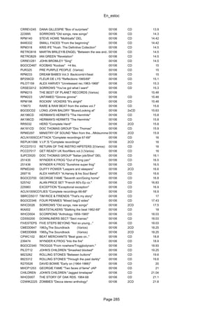 En_estoc
Page 285
CRREV245 DANA GILLESPIE "Box of surprises" 00106 CD 13.9
223995 SORROWS "Old songs, new songs" 00106 CD 14.3
RPM140 STEVE HOWE "Mothballs" DEL 00106 CD 14.42
8446332 SMALL FACES "From the beginning" 00106 CD 14.42
RPM318 KRIS IFE "Hush. The Definitive Collection" 00106 CD 14.5
RETRO818 MARTIN BRILEY/B.ENGEL "Between the sea and.."00106 CD 14.5
RETRO829 IAN GREEN "Revelation" 00106 CD 14.5
CRREV281 JOHN BROMLEY "Sing" 00106 CD 14.5
BGOCD487 KOOBAS "Koobas" +4 tks. 00106 CD 15
PUR325 PRE PURPLE PEOPLE (Varios) 00106 CD 15
RPM233 DREAM BABES Vol.3: Backcomb'n'beat 00106 CD 15
BP256CD FLEUR DE LYS "Reflections 1965/69" 00106 CD 15.1
PILOT159 ALEX HARVEY "Unreleased rec.1963-1968" 00106 CD 15.3
CRSEG012 SORROWS "You've got what I want" 00106 CD 15.3
RPM215 THE BEST OF PLANET RECORDS (Varios) 00106 15.48
RPM223 UNTAMED "Gimme gimme" 00106 CD 15.48
RPM196 ROCKIN' VICKERS "It's alright" 00106 CD 15.48
178673 RARE & RAW BEAT from the sixties vol.7 00106 CD 15.6
BGODCD2 LONG JOHN BALDRY "Blues/Looking at" 00106 2xCD 15.63
AK196CD HERMAN'S HERMITS "The Hermhits" 00106 CD 15.8
AK196CD HERMAN'S HERMITS "The Hermhits" 00106 CD 15.8
RR5032 HERD "Complete Herd" 00106 2CD 15.8
AK181CD DOC THOMAS GROUP "Doc Thomas" 00106 CD 15.9
RPMD297 MINISTRY OF SOUND "Men from the.../Midsummer nights"00106 2CD 15.9
ACLN1005CDATTACK "Complete recordings 67-69" 00106 CD 16
REPUK1088 V.I.P.'S "Complete recordings" 00106 2CD 16
PCCD7013 RETURN OF THE INSTRO HIPSTERS 2(Varios) 00106 CD 16
PCCD7017 GET READY UK floorfillers vol.3 (Varios) 00106 CD 16
SJPCD020 DOC THOMAS GROUP "Italian job/Shot" DEL 00106 CD 16.1
251435 WYNDER K.FROG "Out of frying pan" 00106 CD 16.5
251436 WYNDER K.FROG "Sunshine super frog" 00106 CD 16.5
RPMD240 DUFFY POWER "Leapers and sleepers" 00106 2CD 16.6
269716 ALEX HARVEY "A.Harvey & his Soul Band" 00106 CD 16.6
BGOCD700 GEORGIE FAME "Seventh son/Going home" 00106 CD 16.8
525742 ALAN PRICE SET "French 60's Ep co." 00106 CD 16.83
225983 EXCEPTION "Exceptional exception" 00106 CD 16.9
ACLN1009CDFLIES "Complete recordings 66-68" 00106 CD 16.9
SBRCD5017 TIM RICE & FRIENDS "That's my story" 00106 CD 17
BGOCD346 FOUR PENNIES "Mixed bag/2 sides" 00106 CD 17.43
WHCD026 SORROWS "Old songs, new songs" 00106 2CD 17.5
IKA002 BEATSTALKERS "Stalking the beat 1962-69" 00106 CD 18
WHCD004 SCORPIONS "Anthology 1959-1965" 00106 CD 18.03
CD550200 DOWNLINERS SECT "Sect maniac" 00106 CD 18.03
FIVESTEPS FIVE STEPS BEYOND "Not so young..." 00106 CD 18.03
CMEDD647 1963╖The Soundtrack (Varios) 00106 2CD 18.25
CMEDD668 1965╖The Soundtrack (Varios) 00106 2CD 18.25
CPWC102 BEAT MERCHANTS "Beat goes on.." 00106 CD 18.8
239474 WYNDER K.FROG "Into the fire" 00106 CD 18.9
BGOCD340 TROGGS "From nowhere/Trogglodynam." 00106 CD 18.93
PILOT12 JOHN'S CHILDREN "Smashed blocked" 00106 CD 19.25
8823262 ROLLING STONES "Between buttons" 00106 CD 19.6
8823312 ROLLING STONES "Through the past darkly" 00106 CD 19.6
R270526 DAVID BOWIE "Early on (1964-1966)" 00106 CD 20
MHCP1253 GEORGIE FAME "Two faces of fame" JAP 00106 CD 21
CHILDREN JOHN'S CHILDREN "Jagged timelapse" 00106 CD 21.04
WHCD007 THE STORY OF OAK RDS. 1964-68 00106 CD 21.1
CDWIK2225 ZOMBIES "Decca stereo anthology" 00106 2CD 21.8
 