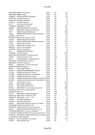 En_estoc
Page 289
DISC1936CD EMBRYO "We keep on" 00108 CD 15.2
MASOCD90012EMBRYO "Opal" 00108 CD 15.2
FKR006CD BRUNO SPOERRI "Gluckskugel" 00108 CD 15.3
WATER160 CLUSTER "Cluster '71" 00108 CD 16
WATER186CDCLUSTER "Sowiesoso" 00108 CD 16
LR124CD CLUSTER "Cluster 2" 00108 CD 16
941151 ALEX "Alex/That's the deal" 00108 CD 16
CDGRON78 HARMONIA "Live 1974" 00108 CD 16.1
LION628 SERGIUS GOLOWIN "Lord Krishna" 00108 CD 16.3
213618 BRAINTICKET "Brainticket/Psychonaut" 00108 CD 16.6
14811 ANNEXUS QUAM "Beziehungen" 00108 CD 16.83
158792 BERND KISTENMACHER "Outlines electronic.." 00108 CD 16.9
CDGRON1 NEU! "Neu!1" 00108 CD 17.4
SPV08570122CDPOPOL VUH "Hosianna mantra" 00108 CD 17.4
9724426 NEKTAR "Remember the future" 00108 CD 17.5
SPO045 IRMIN SCHMIDT/KUMO "Masters of confusion" 00108 CD 17.73
217097 AMON DUUL II "Hi jack" 00108 CD 17.9
CLP2306 BRAINTICKET "Celestial ocean" 00108 CD 17.9
RΦRF2CD FAUST "The Faust tapes" 00108 CD 18
PSCD0005 NAZGUL "The Nazgul" 00108 CD 18
PL19 SEESSELBERG "Synthetik 1" 00108 CD 18
SPOON026 CAN "Flow motion" 00108 CD 18.03
060249813084YATHA SIDHRA "A meditation mass" 00108 CD 18.1
3105422 KLAUS SCHULZE "In blue" 00108 3CD 18.3
241141 LA DUSSELDORF "La Dusseldorf/Viva" 00108 CD 18.9
SPV305082CDHOLGER CZUKAY "Canaxis" 00108 CD 19.6
BRAIN49542 CLUSTER "Zuckerzeit" 00108 CD 19.6
304202 AMON DUUL II "Tanz der lemminge" 00108 CD 19.6
060249816296EMBRYO "Steig aus" 00108 CD 19.6
RERF5 FAUST "BBC Sessions" 00108 CD 19.8
CTCD577 MOEBIUS/PLANK/NEUMEIER "Zero set" 00108 CD 20
CTCD641 CONRAD SCHNITZLER "Concert" 00108 CD 20
CTCD643 CONRAD SCHNITZLER "Congratulation" 00108 CD 20
CTCD638 CONRAD SCHNITZLER "Control" 00108 CD 20
CTCD637 CONRAD SCHNITZLER & GREGOR "Conrad & Sohn"00108 CD 20
CTCD642 CONRAD SCHNITZLER & WOLF SEQUENZA "Consequenz II"00108 CD 20
19102 CAN "Can/Out of reach" 00108 CD 20.15
941002 KRAFTWERK "Kraftwerk 2" 00108 CD 20.9
941023 KRAFTWERK "Ralf & Florian" 00108 CD 20.9
5917102 KRAFTWERK "Tour de France Soundtracks" 00108 CD 22.65
CD03558-CD FAUST "Faust wakes Nosferatu" 00108 CD 22.7
SPOONCD4243CAN "Live" 00108 2CD 23
9410012 KRAFTWERK "Kraftwerk/Kraftwerk 2" 00108 2CD 23.2
MAR051054 AMON DUUL II "Phallus dei" JAP 00108 CD 24
MAR051055 AMON DUUL II "Yeti" JAP 00108 CD 24
CTCD541 KLUSTER "Klopfzeichen" 00108 CD 26
CTCD542 KLUSTER "Zwei-osterei" 00108 CD 26
5606162 KRAFTWERK "Minimum-maximum" int.version 00108 2CD 26.6
CTCD639640 CONRAD SCHNITZLER "'85" 00108 2CD 30
0630163242 KLAUS SCHULZE "Are you sequenced" 00108 2CD 30.6
242504 ASMUS TIETCHENS "Adventures in sound" 00108 2CD 30.6
CTCD0583585ZWEISTEIN "Trip, flip out, meditation" 00108 3CD 60
CTCD637643 CONRAD SCHNITZLER "The 80's works Boxset" 00108 7CD 130
SCR004CD DON SIMON & TELEFUNKEN "Musica de vanguarderia"00109 CD 7.65
OLLAEXPRESS002ELI GRAS "Baranda" 00109 CD 8
GNPS2241 RALPH LUNDSTEN "Joy of beign" 00109 CD 8.41
K100043 PABLO RECHE "Gira" 00109 CD 9
 