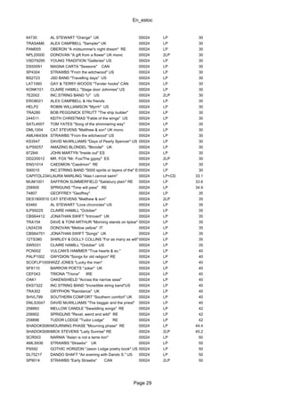 En_estoc
Page 29
64730 AL STEWART "Orange" UK 00024 LP 30
TRASAM6 ALEX CAMPBELL "Sampler" UK 00024 LP 30
PAM005 OBERON "A midsummer's night dream" RE 00024 LP 30
NPL20000 DONOVAN "A gift from a flower" UK mono 00024 2LP 30
VSD79295 YOUNG TRADITION "Galleries" US 00024 LP 30
DS50091 MAGNA CARTA "Seasons" CAN 00024 LP 30
SP4304 STRAWBS "From the witchwood" US 00024 LP 30
BS2723 JSD BAND "Travelling days" US 00024 LP 30
LAT1060 GAY & TERRY WOODS "Tender hooks" CAN 00024 LP 30
KONK101 CLAIRE HAMILL "Stage door Johnnies" US 00024 LP 30
7E2002 INC.STRING BAND "U" US 00024 2LP 30
ERO8021 ALEX CAMPBELL & His friends 00024 LP 30
HELP2 ROBIN WILLIAMSON "Myrrh" US 00024 LP 30
TRA280 BOB PEGG/NICK STRUTT "The ship builder" 00024 LP 30
244511 KEITH CHRISTMAS "Fable of the wings" US 00024 LP 30
SATL4007 TOM YATES "Song of the shimmering way" 00024 LP 30
DML1004 CAT STEVENS "Matthew & son" UK mono 00024 LP 30
AMLH64304 STRAWBS "From the witchwood" US 00024 LP 30
KS3547 DAVID McWILLIAMS "Days of Pearly Spencer" US 00024 LP 30
ILPS9257 AMAZING BLONDEL "Blondel" UK 00024 LP 30
87284I JOHN MARTYN "Inside out" ES 00024 LP 30
DD220012 MR. FOX "Mr. Fox/The gypsy" ES 00024 2LP 30
ENG1014 CAEDMON "Caedmon" RE 00024 LP 30
S90010 INC.STRING BAND "5000 spirits or layers of the" ES00024 LP 30
CAPITOL234997LAURA MARLING "Alas I cannot swim" 00024 LP+CD 33.1
MUM1001 SAFFRON SUMMERFIELD "Salisbury plain" RE 00024 LP 33.6
258905 SPRIGUNS "Time will pass" RE 00024 LP 34.9
74807 GEOFFREY "Geoffrey" 00024 LP 35
DES1800510 CAT STEVENS "Matthew & son" 00024 2LP 35
63460 AL STEWART "Love chronicles" US 00024 LP 35
ILPS9225 CLAIRE HAMILL "October" 00024 LP 35
CBS64412 JONATHAN SWIFT "Introvert" UK 00024 LP 35
TRA154 DAVE & TONI ARTHUR "Morning stands on tiptoe" 00024 LP 35
LN24239 DONOVAN "Mellow yellow" IT 00024 LP 35
CBS64751 JONATHAN SWIFT "Songs" UK 00024 LP 35
12TS380 SHIRLEY & DOLLY COLLINS "For as many as will" UK00024 LP 35
SW9331 CLAIRE HAMILL "October" US 00024 LP 35
PCN002 VULCAN'S HAMMER "True hearts & so." 00024 LP 40
PALP1002 GWYDION "Songs for old religion" RE 00024 LP 40
SCOFLP1009WIZZ JONES "Lucky the man" 00024 LP 40
SF8110 BARROW POETS "Joker" UK 00024 LP 40
CEF043 TRIONA "Triona" IRE 00024 LP 40
OAK1 OAKENSHIELD "Across the narrow seas" 00024 LP 40
EKS7322 INC.STRING BAND "Incredible string band"US 00024 LP 40
TRA302 GRYPHON "Raindance" UK 00024 LP 40
SHVL799 SOUTHERN COMFORT "Southern comfort" UK 00024 LP 40
DNLS3047 DAVID McWILLIAMS "The beggar and the priest" 00024 LP 40
258893 MELLOW CANDLE "Swaddling songs" RE 00024 LP 42
258902 SPRIGUNS "Revel, weird and wild" RE 00024 LP 42
258896 TUDOR LODGE "Tudor Lodge" RE 00024 LP 42
SHADOKS066MOURNING PHASE "Mourning phase" RE 00024 LP 44.4
SHADOKS088MICK STEVENS "Lady Sunrise" RE 00024 2LP 45.2
SCR003 NARNIA "Aslan is not a tame lion" 00024 LP 50
AMLS936 STRAWBS "Strawbs" UK 00024 LP 50
PS592 GOTHIC HORIZON "Jason Lodge poetry book" US 00024 LP 50
DL75217 DANDO SHAFT "An evening with Dando S." US 00024 LP 50
SP9014 STRAWBS "Early Strawbs" CAN 00024 2LP 50
 