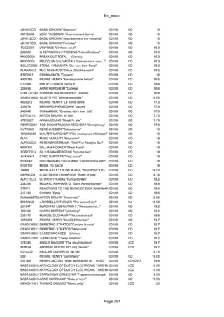 En_estoc
Page 291
JBH003CD BASIL KIRCHIN "Quantum" 00109 CD 15
AM103CD LORI FREEDMAN "A un moment donne" 00109 CD 15
JBH012CD BASIL KIRCHIN "Abstractions of the industrial" 00109 CD 15
JBH021CD BASIL KIRCHIN "Particles" 00109 CD 15
TGCD027 L'INFONIE "L'infonie vol.3" 00109 CD 15.3
233050 G.ESTRIBOU/J.P.PICKENS "Intensifications" 00109 CD 15.3
MGCD005 FREAK OUT TOTAL (Varios) 00109 CD 15.3
MGCD004 PELOQUIN-SAUVAGEAU "Laissez-nous vous..." 00109 CD 15.3
ECLEC2086 STOMU YAMASHTA "Go. Live from Paris" 00109 CD 15.3
PLANAN23 MAX NEUHAUS "Zyklus (Stockhausen)" 00109 CD 15.5
ESP2001 CROMAGNON "Orgasm" 00109 CD 16
4429745 PIERRE HENRY "Messe pour le temps" 00109 CD 16.5
C17MN PHILIP CORNER "Gong +" 00109 CD 16.6
258499 ARNE NORDHEIM "Dodeka" 00109 CD 16.6
LTMCD2343 SURREALISM REVIEWED (Varios) 00109 CD 16.8
CRA0154552 GIUSTO PIO "Motore immobile" 00109 CD 16.85
4628212 PIERRE HENRY "La Xeme remix" 00109 CD 17.3
238474 BERNARD PARMEGIANI "Jazzex" 00109 CD 17.5
245848 CHINABOISE "Greatest story ever told" 00109 CD 17.5
B3TES015 ANTON BRUHIN "In Out" 00109 CD 17.73
4TES027 ANIMA-SOUND "Musik fⁿr alle" 00109 CD 17.75
RERTODD1 TOD DOCKSTADER/J.REICHERT "Omniphony" 00109 CD 17.9
AVTR020 RENE LUSSIER "Deboutonne" 00109 CD 18
16NMN039 WALTER MARCHETTI "De musicorum infelicitate" 00109 CD 18
PL18 MARC McNULTY "Neurontin" 00109 CD 18
ALP230CD PETER BROTZMANN TRIO "For Adolphe Sax" 00109 CD 18
KFW305 WILLIAM HOOKER "Black Mask" 00109 CD 18
XORCD014 GILIUS VAN BERGEIJK "Volume two" 00109 CD 18
AVAN061 CYRO BAPTISTA "ViraLoucos" 00109 CD 18
9100042 GUSTAV MAHLER/U.CAINE "Urlicht/Primal light" 00109 CD 18
9100102 MONK TO BACH 00109 CD 18
14969 MUSICA ELETTRONICA VIVA "SoundPool" DEL 00109 CD 18.03
DERNCD4 D.SNYDER/B.THOMPSON "Rules of play" 00109 CD 18.18
ALP215CD LUTHER THOMAS "Funky donkey" 00109 CD 18.2
234396 MASAYO ASAHARA G. "Saint Agnes fountain" 00109 CD 18.4
STRP1 REACTIONS TO THE MUSIC OF DICK RAAIJMAKERS V/A00109 CD 18.4
217193 CUOMO "Ejazz" 00109 CD 18.6
PLANAB6TESANTON BRUHIN "Rotomotor" 00109 CD 18.85
EMA4058 J.RUSSELL/R.TURNER "The second sky" 00109 Cd 18.93
201847 BLACK PIG LIBERATION F. "Revolution of..." 00109 CD 19.2
160128 HARRY BERTOIA "Unfolding" 00109 CD 19.4
235170 MARCEL DUCHAMP "The creative act" 00109 CD 19.6
4685242 PIERRE HENRY "Mix 03.2:futuristie" 00109 CD 19.7
CRA0136592 DEMETRIO STRATOS "Cantare la voce" 00109 CD 19.7
CRA0136612 DEMETRIO STRATOS "Metroroda" 00109 CD 19.7
CRA0138652 CAGED/UNCAGED (Varios) 00109 CD 19.7
CRA0141292 JOHN CAGE "Cheap imitation" 00109 CD 19.7
218345 ANGUS MACLISE "The cloud doctrine" 00109 2CD 19.7
NOM24 ANDREW DEUTSCH "Lung cleaner" 00109 CDS 19.7
P210232 PAULINE OLIVEROS "No Mo" 00109 19.75
093 PIERRE HENRY "Gymkhana" 00109 CD 19.85
251369 HENRY JACOBS "Wide weird world of..." +DVD 00109 CD+DVD 19.9
BASTA3091822ANTHOLOGY OF DUTCH ELECTRONIC TAPE MUSIC Vol.100109 2CD 19.95
BASTA3091832ANTHOLOGY OF DUTCH ELECTRONIC TAPE MUSIC Vol.200109 2CD 19.95
BASTA3091972STARVINSKY ORKESTAR "Fragrant moondrops" 00109 CD 19.95
BASTA3091962ARNO BORNKAMP "Buku of horn" 00109 CD 19.95
GENCH1001 THOMAS DIMUZIO "Mono::poly" 00109 2CD 20
 