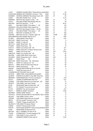 En_estoc
Page 3
LL3457 ANDREW OLDHAM ORCH. "Rolling Stones songbook" US00001 LP 50
COC39100USAJAMMING WITH EDWARD "Jamming..." USA 00001 LP 51.09
EAS80695 GEORGE HARRISON "Wonderwall music" JAP 00001 LP 60
LK4661 ROLLING STONES "No.2" ed.70s 00001 72.12
EAS80558 BEATLES "Sgt. Pepper's Lonely..." US 00001 LP 75
TXS101 ROLLING STONES "Big hits(high tide)" UK 00001 LP 90
PMC7009 BEATLES "Revolver" 2¬ ed. 00001 LP 90.15
NPS2 ROLLING STONES "Their satanic..." US 00001 LP 100
HRSS59101 ROLLING STONES "Sticky fingers" ES 00001 LP 120
PMC7027 BEATLES "Sgt. Pepper's Lonely..." UK OG 00001 LP 175
TXS103 ROLLING STONES "Their satanic..." UK 00001 LP 175
LSO103 BEATLES "Les Beatles n║ 1" FR 00001 LP 200
PCS7096 BEATLES "Let it be" (+bk) Box 2║ed. UK 00001 LP+BK 400
DISCOLIBRO7509ROLLING STONES "Big hits vol.2" 00001 LP 1500
PL13603 DAVE DAVIES "Dave Davies" 00002 LP 4.81
NPL18149 KINKS "Face to face" ES 00002 LP 6
NL42486 KINKS "Lo mejor de" 00002 LP 12
NPL18112 KINKS "Kinda Kinks" ES 00002 LP 14
PYL6003 KINKS "Kinda Kinks" RE 00002 LP 15
42011LP KINKS "Live at Kelvin Hall" RE 00002 LP 16.1
42062LP KINKS "Kinks size" (1st album with jap cover) 00002 LP 16.1
300934 KINKS "One for the road" 00002 2LP 18.03
CMHLP012 KINKS "Live at Kelvin Hall" RE 00002 LP 20
RNLP058 LARRY PAGE ORCH. Kinky music" 00002 LP 24
CPL25040 KINKS "Preservation act 2" OG US 00002 2LP 30
85258I KINKS "Percy" ES 00002 LP 30
MALS1100 KINKS "Kinda Kinks" RE CAN stereo 00002 LP 30
RS6143 KINKS "You really got me" US 00002 LP 50
MS2127-- KINKS "Great lost Kinks album"OG US 00002 LP 60
NPL18131 KINKS "Kontroversy" UK 00002 LP 75
6842258 WALKER BROTHERS Hta.de la m·sica 60 00003 LP 3
9LP015 THEM Hta.musica rock 45 00003 LP 3
10C046007361CLIFF RICHARD "Rock on with" 00003 LP 5
30100182 JIMMY PAGE, S.WILLIAMSON & B.AUGER 00003 LP 5
22L05675 HEROES & VILLAINS 15 a±os BBC Radio One 00003 LP 6
RBCSP001 DOWNLINERS SECT "At nite in gt.newport.." 00003 7" 7.66
622145 JOHNNY & HURRICANES "Red river" 00003 LP 8.41
TXS3040 TOM JONES "Memories don't leave like..." ES 00003 LP 10
SKL5072 TOM JONES "I who have nothing" 00003 LP 10
ZL339 SEARCHERS "Meet the Searchers" ES 00003 LP 10
BD111 IVY LEAGUE "Funny how love can be" 00003 12" 10
211573 BARRIER "First, last and always" 00003 10" 10.5
RVLP11 BOBBY & LAURIE "Jumpback" 00003 LP 10.82
GET600LP PURPLE GANG "Strikes" RE 00003 LP 12
TRLP1012 PETER LAW & SOUND OF THE PACIFIC "Idem" UK00003 LP 12
SKL5162 TOM JONES "Cuerpo y alma" 00003 LP 12
TXS3026 TOM JONES "Algo tienes que me gusta" 00003 LP 12
MM123 PETULA CLARK "The show is over" 00003 LP 12
85468H TWIGGY "Twiggy and girlfriends" ES 00003 LP 12
SKL3051011 TOM JONES "At Caesars Palace" 00003 2LP 12
CAS909 IN-SECT "Introducing the In-Sect" 00003 LP 12
FID2155 DAVE PEACE QUARTET "Good morning Mr.Blues" UK00003 LP 12
ZL508 SEARCHERS "It's Searchers" ES 00003 LP 12
SM11897 BILLY J KRAMER "The best of" US 00003 LP 12
77CH20 STEAMPACKET "The first supergroup" ES 00003 LP 12
LK4743 TOM JONES "A-Tom-ic Jones" ES 00003 LP 12
E4386 HERMAN'S HERMITS "Both sides of" 00003 12.02
 