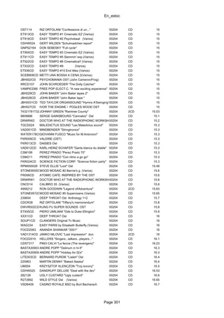 En_estoc
Page 301
OST114 RIZ ORTOLANI "Confessione di un..." 00204 CD 15
ET913CD EASY TEMPO #1 Cinematic EZ (Varios) 00204 CD 15
ET916CD EASY TEMPO #2 Psychobeat (Varios) 00204 CD 15
CDHW024 GERT WILDEN "Schulmadchen report" 00204 CD 15
GNPS2164 DON SEBESKY "Full cycle" 00204 CD 15
ET904CD EASY TEMPO #3 Cinematic EZ (Varios) 00204 CD 15
ET911CD EASY TEMPO #5 Slammin' exp.(Varios) 00204 CD 15
ET922CD EASY TEMPO #8 Cinematica!! (Varios) 00204 CD 15
ET932CD EASY TEMPO #9 (Varios) 00204 CD 15
ET936CD EASY TEMPO #10 End titles (Varios) 00204 CD 15
SCEB908CD METTI UNA BOSSA A CENA 2(Varios) 00204 CD 15
JBH002CD PSYCHOMANIA OST (John Cameron/Frog) 00204 CD 15
RRCD107 JOHN SCHROEDER "The Dolly Catcher" 00204 CD 15
VAMPICD89 FREE POP ELECT.C. "A new exciting experience" 00204 CD 15
JBH029CD JOHN BAKER "John Baker tapes 2" 00204 CD 15
JBH028CD JOHN BAKER "John Baker tape " 00204 CD 15
JBH0031CD TED TAYLOR ORGANSOUND "Hymns A'Swinging"00204 CD 15
JBH027CD IVOR THE ENGINE / POGLES WOOD OST 00204 CD 15
74321781732JOHNNY GREEN "Raintree County" 00204 2CD 15.03
9809886 SERGE GAINSBOURG "Cannabis" Ost 00204 CD 15.1
DRWRW2 DOCTOR WHO AT THE RADIOPHONIC WORKSHOP 2 (New Beginnings)00204 CD 15.2
TGCD024 MALEDICTUS SOUND "Les Maledictus sound" 00204 CD 15.3
VAD001CD MINDBENDER "Stringtronics" 00204 CD 15.3
WATER178CDGIOVANNI FUSCO "Music for M.Antonioni" 00204 CD 15.3
FKR009CD VALERIE (OST) 00204 CD 15.3
FKR013CD DAISIES Ost 00204 CD 15.3
VAD012CD KARL-HEINZ SCHAFER "Gants blancs du diable" 00204 CD 15.3
CSM199 PEREZ PRADO "Perez Prado 70" 00204 CD 15.3
CSM211 PEREZ PRADO "Con ritmo a go go" 00204 CD 15.3
FKR024CD SCIENCE FICTION CORP. "Science fiction party" 00204 CD 15.3
RPM000028 STEVE ELLIS "Loot" Ost 00204 CD 15.48
STONE9555CDMOOD MOSAIC #2 Barnie's g. (Varios) 00204 CD 15.6
FR006CD ATOMIC CAFE: INSPIRED BY THE OST 00204 CD 15.6
DRWRW1 DOCTOR WHO AT THE RADIOPHONIC WORKSHOP 1 (The Early Years)00204 CD 15.6
CNCD14 CALIBRO 35 (Varios) 00204 CD 15.6
4956212 RON GOODWIN "Legend of/Adventure" 00204 2CD 15.63
STONE9572CDMOOD MOSAIC #5 Supervixens (Varios) 00204 CD 15.65
239654 DEEP THROAT Ost Anthology 1+2 00204 CD 15.7
CDCR38 RIZ ORTOLANI "Tiffany's memorandum" 00204 CD 15.8
DWVR002CDKUNG FU SUPER SOUNDS OST 00204 CD 15.8
ET935CD PIERO UMILIANI "Ode to Duke Ellington" 00204 CD 15.9
XXX1CD DEEP THROAT Ost 00204 CD 16
SOUP1CD CLANGERS Original Tv Music 00204 CD 16
WAG334 EASY PARIS by Elisabeth Butterfly (Varios) 00204 CD 16
FOCD2063 ANANDA SHANKAR "2001" 00204 CD 16
VAD1314CD JANKO NILOVIC "Last impression" duo 00204 2CD 16
FOCD2010 HELLERS "Singers...talkers...players..." 00204 CD 16.1
CDST317 PINO CALVI "La feccia (The revengers)" 00204 CD 16.23
BASTA3090312ANDRE POPP "Delirium in hi-fi" 00204 CD 16.3
BASTA3090912ANDRE POPP "Holiday for Dj's" 00204 CD 16.3
LITE003CD BERNARD PURDIE "Lialeh" Ost 00204 CD 16.4
220963 MARTIN DENNY "Baked Alaska" 00204 CD 16.4
UM004 KRZYSZTOF KLENCZON "Trzy korony" 00204 CD 16.5
CDHW025 DANDRUFF DELUXE "Deal with the dev" 00204 CD 16.53
282126 UGLY CUSTARD "Ugly custard" 00204 CD 16.6
R272892 WILD STYLE Ost (Varios) 00204 CD 16.65
VSD6409 CASINO ROYALE BSO by Burt Bacharach 00204 CD 16.7
 