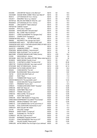 En_estoc
Page 319
EXCDM4 LEW KIRTON "Heaven in the afternoon" 00219 CD 16.5
CDCHD987 GOOGIE RENE COMBO "Wham bam! Best of" 00219 CD 16.5
RKX012 LET'S BOOGALOO Vol.3 (Varios) 00219 CD 16.6
COL5517 ESQUIRES "Get on up: Classics" 00219 CD 16.83
WATER122 MELVIN VAN PEBBLES "What the...you" 00219 CD 16.9
RKX008CD LET'S BOOGALOO Vol.2 (Varios) 00219 CD 16.9
RKX009 LINK QUARTET "Italian playboys" 00219 CD 16.9
PAP3301CD CARESS "Caress" 00219 CD 16.9
DGA3004 PETE JOLLY "Seasons" 00219 CD 16.9
DGA3008 DAVID AXELROD "Seriously deep" 00219 CD 16.9
DGA3010 BILL COSBY "Bad Foot Brown" 00219 CD 16.9
DGA3011 LOREZ ALEXANDRIA "For Swingers Only" 00219 CD 16.9
DGS3012 JOHNNY PATE "Outrageous" 00219 CD 16.9
CDKEND184 MOD JAZZ 4 YET MO' MOD JAZZ 00219 CD 17.3
5860852 INCOGNITO "Life, stranger than fiction" 00219 CD 17.3
CDKEND250 MOD JAZZ 5 RETURN OF MOD JAZZ 00219 CD 17.3
CDKEND300 MOD JAZZ 6 FURTHER ADVENTURES OF MOD JAZZ00219 CD 17.3
JMANCD013 POW WOW (Varios) 00219 CD 17.6
AJXCD137 HAMMOND STREET (Varios) 00219 CD 18
PPMCD004 BERNIE WORRELL "Improvisczario" 00219 CD 18
PPMCD003 BABY ELEPHANT "Turn my teeth up!" 00219 CD 18
BBECD096 STRANGE BREAKS & MR THING (Varios) 00219 2CD 18.9
515239 GROOVADELIA (Varios) 00219 2CD 20
SRCS9388 NEW TONY WILLIAMS LIFETIME "Million dollar legs"00219 CD 20
SC406CD MARIO BIONDI "Handful of soul" 00219 CD 20.1
GSCD135 C.WHITNEY/A.JONES "The facts of life" 00219 CD 20.58
CBD27102 CHARLES EARLAND "Jazz organ summit" 00219 CD 21.34
NTI2CD200 BEST OF DREW BLAN (Varios) 00219 2CD 22.15
SON708023 DUTCH RARE GROOVE VOL 2 00219 2CD 25.9
RR4830 CHRIS MONTEZ "The hits" 00220 CD 9.02
SSP28428 BUCKINGHAMS "Mercy,mercy,mery" 00220 CD 9.62
184736 DAVID AXELROD "Earth rot" 00220 CD 10.4
255047 ROXY "Roxy" 00220 CD 11.5
GF240 TORMENTORS "Hangin' round" 00220 CD 11.5
ONEWAY30642McCOYS "The psychedelic years" 00220 CD 12.02
185680 DAVID AXELROD "Songs of experience" 00220 CD 12.1
215973 PREMIERS "Farmer John" 00220 CD 12.5
CRREV4 THOMAS & RICHARD FROST "Visualize" 00220 CD 12.85
CRREV46 DEEP SIX "Deep six" 00220 CD 12.85
CRREV45 HARDTIMES "Blew mind" 00220 CD 12.85
CRREV37 TOKENS "Intercourse" 00220 CD 12.85
CRREV42 NINO & APRIL "All strung out" 00220 CD 12.85
224599 HUSTLERS "Hustlers" 00220 CD 12.85
CRREV38 NIGHT TIME MUSIC B.T.Puppy story 00220 CD 12.85
CRREV39CD EVERPRESENT FULLNESS "Fine & dandy" 00220 CD 12.85
CRREV62 DRIVIN' DYNAMICS "1001 nights" 00220 CD 12.85
CRREV15 LOVE GENERATION "Let the good times in" 00220 CD 12.9
COL0502 SOUL SURVIVORS "Expressway to your" 00220 CD 13.1
CRREV231 NEW COLONY SIX "Sides" 00220 CD 13.2
218148 COLLAGE "Collage" 00220 CD 13.6
RPM245 SANDY POSEY "A single girl" 00220 CD 13.6
CM249 SUNSHINE CO. "The best of" 00220 CD 13.8
CCM06312 WE FIVE "Catch the wind" 00220 CD 13.8
COL5538 MURMAIDS "Popsicles & Isicles" 00220 CD 13.82
VCL0612 PHANTOM RAIDERS "New sound ┤67" 00220 CD 13.82
215895 PALACE GUARD "Palace guard" 00220 CD 13.85
CRREV250 KATHE GREEN "Run the length of your wildness" 00220 CD 13.9
 