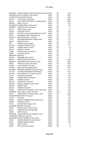En_estoc
Page 326
BGOCD667 HARVEY MANDEL "Righteous/Games guitars play"00223 CD 16.8
EVAB42/642420LOST & FOUND "Forever lasting ..." 00223 CD 16.83
LCCD901254OGLASS HARP "Synergy" 00223 CD 16.83
ANT1711 TITUS OATES "Jungle lady" 00223 CD 16.83
198194 HOLY GHOST REC.COM."The collected works" 00223 CD 16.85
0RCD001 McKAY "Into you" 00223 CD 16.9
ACA0008012 LOADING ZONE "Loading zone" 00223 CD 16.9
WRL09CD SILVER APPLES "The garden" 00223 CD 17
000174 OUBA "Freak out total" 00223 CD 17
222306 COLOURS "Colours" 00223 CD 17.2
242618 ODYSSEY "Live at Levittown Memorial A.:1974" 00223 CD 17.2
FR2011 KALLABASH CORP. "Kallabash Corp." 00223 CD 17.3
SYNCD18 BABYLON "Babylon" 1978 USA 00223 CD 17.3
175410 RHUBARB'S REVENGE "Rhubarb's Rev." 00223 CD 17.4
203237 DARIUS "Darius II" 00223 CD 17.6
X001 DAMON "Song of a gypsy" 00223 CD 17.6
AK121CD ULTIMATE SPINACH "III" RE 00223 CD 17.7
187048 TONGUE "Keep on truckin'" 00223 CD 18
SC6152 GANDALF "Gandalf" 00223 CD 18
212082 DAVID "Another day, another..." 00223 CD 18
249489 VICTORIA "Victoria" 00223 CD 18
SBRCD5054 RAIN "Rain" 00223 CD 18
GCR015 DREAMIES "Stone theatre" 00223 CD 18
BOD102 SAINT STEVEN "Saint Steven" 00223 CD 18.03
HEAD3197 UNFOLDING "How to blow your mind.." 00223 CD 18.03
062905 PAISLEYS "Cosmic mind at play" 00223 CD 18.03
GCR012 JUICY GROOVE "First taste" 00223 CD 18.03
0178359 MAJIC SHIP "Songwaves project" 00223 CD 18.03
WPC68481 GROWING CONCERN "Growing concern" 00223 CD 18.1
SC11070 DR. WEST'S MEDICINE SHOW "Best of" 00223 CD 18.2
SC11060 SOUTHWEST F.O.B. "Smell of incense" 00223 CD 18.2
212240 PHANTASIA "Phantasia" 00223 CD 18.2
229820 STONED CIRCUS "Revisited" 00223 CD 18.2
259887 HAMANA "Hamana" 00223 CD 18.2
WIS1031 FEAR ITSELF "Fear itself" 00223 CD 18.2
WIS1034 MICHAEL JAMES "Runaway world" 00223 CD 18.2
WIS1033 WAZOO "Wazoo" 00223 CD 18.2
SC6199 GANDALF "Gandalf II" 00223 CD 18.2
SC6250 FAINE JADE "Introspection: a Faine Jade recital" 00223 CD 18.2
CMEDD593 NAZZ "Open our eyes. Anthology" 00223 2CD 18.3
200772 JOINT EFFORT "Two sided country...blues" 00223 CD 18.48
SHADOKS029CDPEACEPIPE "Peacepipe" 00223 CD 18.6
217190 IOTA "Iota" 00223 CD 18.6
223439 MICHAEL YONKERS "Microminiature love" 00223 CD 18.6
249490 SPOILS OF WAR "II" 00223 CD 18.6
181126 ELYSIAN FIELD "Elysian Field" 00223 CD 18.63
SHADOKS011CDBRIGADE "Last laugh" 00223 CD 18.8
232702 PEACE & QUIET "Peace & quiet" 00223 CD 18.9
238371 ANIMATED EGG "Animated Egg" 00223 CD 18.9
243893 AORTA "Aorta 2" 00223 CD 18.9
SHADOKS0 HEADSTONE CIRCUS "Headstone circus" 00223 CD 18.9
SHADOKS063THINK DOG "Dog days" 00223 CD 18.9
SHADOKS91 INSTANT ORANGE "Instant orange" 00223 CD 18.9
LHC68 ORANGE WEDGE "No one left but me" 00223 CD 18.9
LHC67 ORANGE WEDGE "Wedge" 00223 CD 18.9
215750 HOOK "Hooked" 00223 CD 19
249103 POE "Up through the spiral" 00223 CD 19
 
