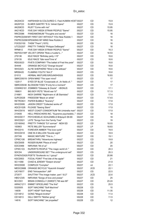 En_estoc
Page 332
AK204CD HAPSHASH & COLOURED C. Feat.HUMAN HOST 00227 CD 15.9
AK297CD ELMER GANTRY "E.G. Velvet Opera" 00227 CD 15.9
AK208CD RUST "Come with me" 00227 CD 15.95
AK218CD FIVE DAY WEEK STRAW PEOPLE "Same" 00227 CD 15.95
RRCD086 PANDAMONIUM "Thoughts and words" 00227 CD 16
PAPRCD2065MY FIRST DAY WITHOUT YOU New Rubble 1 00227 CD 16
PAPRCD2066SPEAKING MY MIND New Rubble 2 00227 CD 16
FOCD2100 THEM "Them" (1970) 00227 CD 16
UTCD2207 PRETTY THINGS "Philippe DeBarges" 00227 CD 16
RPM812 FIVE DAY WEEK STRAW PEOPLE "Same" 00227 CD 16.3
REP4531WP VELVET OPERA "Ride a hustler's..." 00227 CD 16.53
279136 IDLE RACE "Birthday party +15" 00227 CD 16.6
279135 IDLE RACE "Idle race/Time is" 00227 CD 16.6
RDI33023 FIVE'S COMPANY "The ballad of Fred the pixie" 00227 CD 16.6
SH448 ORANGE BICYCLE "Orange bicycle" 00227 CD 16.6
WHCD23 ALFIE SHEPHERD "Wind in the willows" 00227 CD 16.6
MR56420 FLAMING YOUTH "Ark 2" 00227 CD 16.6
D1012 HERBAL MIXTURE/GROUNDHOGS 00227 CD 16.83
SBRCD5019 OPEN MIND "The open mind" 00227 CD 17
132517 EYES OF BLUE "Crossroads of.../In fields of.." 00227 CD 17
SBRCD5036 BLOSSOM TOES "If only for a moment" 00227 CD 17
CDWIKD181 ZOMBIES "Odessey & Oracle" +BONUS 00227 CD 17.1
189631 BIG BOY PETE "World war IV" 00227 CD 17.13
214861 NICK GARRIE "Nightmare of JB Stanislas" 00227 CD 17.4
SJPCD028 FREEDOM "Black on white" 00227 CD 17.43
RETRO831 PAPER BUBBLE "Scenery" 00227 CD 17.8
WHCD006 JASON CREST "Collected works of" 00227 CD 17.9
ADCD1028 PLEASE "Seeing Stars" 00227 CD 17.9
WHCD019 WEST COAST CONSORTIUM "Mr.Umbrella man" 00227 CD 17.9
210409 HELL PREACHERS INC. "Supreme psychedelic.." 00227 CD 18
WHCD017 PSYCHEDELIC SCHLEMIELS Britpsych 66-69 00227 CD 18
WHCD021 LATE "Songs from the Family Tree" 00227 CD 18
CD160042 PRETTY THINGS "S.F.sorrow" NEW ED 00227 CD 18.03
183663 PETE MILLER "Summerland" 00227 LP 18.63
WHCD15 FOREVER AMBER "The love cycle" 00227 CD 18.9
WHCD018 ONE IN A MILLION "Double sight" 00227 CD 18.9
257749 MAGIC MIXTURE "This is..." 00227 CD 19.1
CPWC108 BREAKTHRU "Adventures highway" 00227 CD 19.9
SDCD009 ROGER BUNN "Piece of mind" 00227 CD 20
EDCD466 NIRVANA "All of us" 00227 CD 20
CPWC103 RUPERT'S PEOPLE "The magic world of.." 00227 CD 20.3
SDCD4 UNDERGROUND SET "The underground set" 00227 CD 20.3
DYNOVOX201POETS "Scotlands no.1 group" 00227 CD 20.89
KSCD953 FOCAL POINT "First bite of the apple" 00227 CD 21
SC11068 CHAD & JEREMY "Distant shores" 00227 CD 21.9
WHCD008 COMPLEX "Complex" 00227 cd 22.1
MEDCD688 ORANGE BICYCLE "Hyacinth threads" 00227 2CD 22.1
UICY9577 END "Introspection" JAP 00227 CD 22.5
273577 SHUTTAH "The image maker, part 1 & 2" 00227 2CD 22.6
HBG123/9 NIRVANA "Songs of love and praise" 00227 CD 25
BCCD01 BRIAN CONNOLLY (SWEET) "68 was 68" 00227 CD 25.24
AIRAC1211 EMMET SPICELAND "The first" 00227 CD 25.5
5320505 SOFT MACHINE "Soft Machine" 00228 CD 10
14839 SOFT HEAP "Soft Heap" 00228 CD 11.35
CD14812 GONG "Magick brother" 00228 CD 11.4
CD14813 GILLI SMYTH "Mother gong" 00228 CD 11.5
14816 SOFT MACHINE "Jet propelled" 00228 CD 12
 