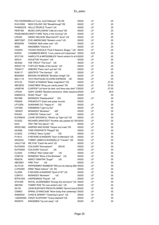 En_estoc
Page 35
POLYDOR5503BELLS "Love, luck'n'lollipops" OG SS 00025 LP 25
EVA12008 NEW COLONY SIX "Breakthrough" RE 00025 LP 25
PHS600276 HELLO PEOPLE "Fusion" US 00025 LP 25
PERF384 MUSIC EXPLOSION "Little bit o'soul" SS 00025 LP 25
PAGEONE2502VANITY FARE "Early in the morning" US 00025 LP 25
LP9329 SANDY NELSON "Beat that #?!* drum" US 00025 LP 25
ABST2067 FIVE AMERICANS "Western union" US 00025 LP 25
BDS5059 TOKENS "Both sides now" US 00025 LP 25
S662 KINGSMEN "Volume 3" 00025 LP 25
CXS283 YOUNG RASCALS "Feat.4 Seasons, Buggs.." US 00025 LP 25
KGP20 CHAMBERS BROS. "Love, peace and happiness" 00025 2LP 25
SF27100 HAIRCUTS & IMPOSSIBLES "Here's where it's at beat'66"00025 LP 25
SSS19 HOUSTON "Houston" US 00025 LP 25
SE4592 THE TROUT "The trout" US 00025 LP 25
WWS7118 TURTLES "Battle of the bands" US 00025 LP 25
TES4017 ARBORS "Feat.I can't quit her" US 00025 LP 25
SUN117 GENTRYS "The Gentrys" US 00025 LP 25
BDS5065 BROOKLYN BRIDGE "Brooklyn bridge" US 00025 LP 25
MAL1119 1910 FRUITGUM CO./OHIO EXPRESS UK 00025 LP 25
ST5125 TEDDY & PANDAS "Basic magnetism" OG 00025 LP 27.05
ABCS633 CANDYMEN "Bring you candy power" SS 00025 LP 27.05
UAS6746 CURFEW "Let there be dark; and there was dark" OG00025 LP 27.05
LP5244 GARY USHER "Barefoot adventure: 4Star sessions"00025 2LP 29.9
KSBS2012 ROAD "Road" OG 00025 30
RD7886 MONKEES "Headquarters" OG 00025 LP 30
PS9006 FREAKOUT!! Great new guitar sounds 00025 30
LP12359 SUNSHINE CO. "Happy is" OG 00025 LP 30
CST589 FIREBIRDS "Light my fire" 00025 LP 30
18RSI27 MONKEES "Monkees" JAP 00025 LP 30
E30403 CHRISTIE "Yellow river" US 00025 LP 30
KLPS8053 LOVIN' SPOONFUL "What's up Tiger Lily" US 00025 LP 30
EV2022 RICHARD SARSTEDT "Another day passes by" SS00025 LP 30
6323 TINY TIM "2nd album" US 00025 LP 30
WPS21882 HARPER AND ROWE "Harper and rowe" SS 00025 LP 30
KS3596 THEE PROPHETS "Playgirl" SS 00025 LP 30
CL2632 CYRKLE "Neon Cyrkle" OG 00025 LP 30
P13512 P.REVERE & RAIDERS "Goin' to Memphis" US 00025 LP 30
SR42044 TOMMY JAMES & SHONDELLS "Travelin" SS 00025 LP 30
VAULT136 WE FIVE "Catch the wind" US 00025 LP 30
DLP25935 COLOURS "Atmosphere" SS/US 00025 LP 30
DLP25854 COLOURS "Colours" US 00025 LP 30
CL2544 CYRKLE "Red rubber ball" US 00025 LP 30
COM102 MONKEES "More of the Monkees" US 00025 LP 30
RS6239 NANCY SINATRA "Sugar" US 00025 LP 30
ABCS661 FIRE "Fire" US 00025 LP 30
DL75129 PEPPERMINT RAINBOW "Will you be staying after sundown" SS00025 LP 30
LLPS2000 WIND "Make believe" US SS 00025 LP 30
CL2595 P.REVERE & RAIDERS "Spirit of '67" US 00025 LP 30
COM101 MONKEES "Monkees" US 00025 LP 30
BTPS1003 HAPPENINGS "Psycle" US 00025 LP 30
ST91065 ROYAL GUARDSMEN "Snoopy the red baron" US 00025 LP 30
ABC594 TOMMY ROE "It's now winter's day" US 00025 LP 30
S5154 JOHN BUNYAN'S PROG.PILGRIMS "Apricot brandy & albatross" US00025 LP 30
CS9852 SPIRAL STARECASE "More today than yesterday" US00025 LP 30
WAM2002 CHAD & JEREMY "Yesterday's gone" US 00025 LP 30
1J06290564 CRAZY ELEPHANT "Crazy elephant" ES 00025 LP 30
WDS675 KINGSMEN "Up and away" US 00025 LP 30
 
