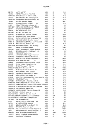 En_estoc
Page 4
221770 V.I.P.'S "V.I.P.'S" 00003 LP 12.8
194250 ACTION "The ultimate Action" RE 00003 LP 13
GET0622LP RATS "Rise and fall of Bernie..." RE 00003 LP 13.8
213436 STEAMPACKET "The first supergroup" 00003 10" 13.8
GET0625LP SEARCHERS "Meet the Searchers" RE 00003 LP 13.8
193540 ROCKIN' BERRIES "In town" 00003 LP 14.27
GET510 JOHN'S CHILDREN "Orgasm" RE 00003 LP 14.6
CY005 ROULETTES "Stakes and chips" RE 00003 LP 15
SE4342ST HERMAN'S HERMITS "Hold On!" OG US 00003 LP 15
2321114 WALKER BROTHERS "Lines" 00003 LP 15
CP9039 BILLIE DAVIS "Billie Davis" 00003 LP 15
LPE44803 EQUALS "Viva Bobby Joe" 00003 LP 15
ROOTS2 ZOMBIES "Rock roots: The Zombies" 00003 LP 15.03
PYLP016 DAVID GARRICK "Davod Garrick" 00003 LP 15.03
LR104LP MARIANNE FAITHFULL "Come my way" RE 00003 LP 15.3
900717LP JOHN'S CHILDREN "Smashed blocked" 00003 LP 15.3
UAS5543 LONG JOHN BALDRY "Long John's blues" US 00003 LP 16
10035LPE EYES "Arrival of The Eyes" RE 00003 LP 16.4
EPIC26458 PEDDLERS "Three in a cell" RE 180gr. 00003 LP 17
BHR227 BAD BOYS "Crawling up a hill" 00003 LP 17.45
4M112LP DUSTY SPRINGFIELD "Dusty in Memphis" 00003 LP 17.9
48909 DRISCOLL,AUGER & TRIN."Open" ES 00003 LP 18
S53206 PEDDLERS "Greatest hits" 00003 LP 18
900716 JOHN'S CHILDREN "Jagged timelapse" 00003 LP 18
EVA12041 GARY FARR w/T-BONES "Dem bones" 00003 LP 18
886408TY NEW VAUDEVILLE BAND "Winchester" ES 00003 18.03
PHS600339 BLUE MINK "Real Mink" OG 00003 LP 18.03
SE4386 HERMAN'S HERMITS "Both sides" OG US 00003 LP 18.03
LK4700 THEM "The angry young Them" RE 00003 LP 19.2
LK4751 THEM "Them again" RE mono 00003 LP 19.2
ESSEX1018LPTOMCATS "Tomcats" (+7") 00003 LP+7" 19.23
WL1150 PUPILS "A tribute to the Stones" RE 00003 LP 19.25
ST06LP MOD MEETING, Vol.6 (Varios) 00003 LP 19.3
CPWL101 UNTAMED(Lindsay Muirs) "It's all true" 00003 LP 19.5
LPS044 DAVE DAVANI FOUR "Fused!" RE 00003 LP 19.5
LPS058 4 INSTANTS "Discotheque (New Instant Beat)" RE 00003 LP 19.5
REM01LP REMO FOUR "Smile" RE 00003 LP 19.9
GWR001 GARY WALKER & RAIN "Album #1" RE 00003 LP 19.9
SWDDL710 GRAHAM BOND O. "The sound of 65" RE 00003 LP 19.9
SWDDL711 GRAHAM BOND O. "There's a Bond between us"RE00003 LP 19.9
SWDDL716 LONG JOHN BALDRY "Long John's blues" RE 00003 LP 19.9
SWDDL719 TROGGS "From nowhere" RE 00003 LP 19.9
SWDDL720 ALEXIS KORNER "R&B from Marquee" RE 00003 LP 19.9
SCLP400190JIAN & ZODIACS "Listen to" 00003 LP 20
SCLP400187JIAN & ZODIACS "Star-Club show 7" 00003 LP 20
DISC1922LP BRIAN AUGER "The mod years 1965-69" 00003 2LP 20
SCLP400188JLEE CURTIS & ALL-STARS "It's Lee" 00003 LP 20
SXL00993 GEORGIE FAME "GF" 00003 LP 20
ED107 ARTWOODS "100 Oxford Street" RE 00003 LP 20
SUFR3 WYNDER K.FROG "Superfrog" 00003 LP 20.2
182402 LONDON BEATS "London Beats" RE 00003 LP 20.9
150636 TALISMEN "Talismen's style" 00003 LP 21.04
BN26447 HOLLIES "Words and music by B.Dylan" US 00003 21.04
TP053 PREACHERS "Nod, shake & stomp with ..." 00003 LP 21.1
CPWL102 BEAT MERCHANTS "Beat goes on.." 00003 LP+7" 21.79
TP057LP ANGEL PAVEMENT "Maybe tomorrow" 00003 LP 24
S63682 PEDDLERS "Cumplea±os" 00003 LP 24
 
