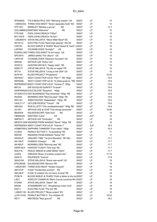 En_estoc
Page 40
SFS04800 IT'S A BEAUTIFUL DAY "Marrying maiden" US 00027 LP 14
1J06693322 THREE DOG NIGHT "Seven separates fools" ES 00027 LP 14
STF1007 MARKLEY "Markley a group" RE 00027 LP 14.7
COLUMBIA32445SANTANA "Welcome" RE 00027 LP 15
FTR1009 PAPA JOHN CREACH "Filthy!" 00027 LP 15
BFL10418 PAPA JOHN CREACH "& Zulu" 00027 LP 15
1J06280510 STEVE MILLER B. "Steve Miller Band" ES 00027 LP 15
SD18112. ELECTRIC FLAG "Band kept playing" OG SS 00027 LP 15
CS9720. BLOOD SWEAT & TEARS "Blood Sweat & Tears" US00027 LP 15
LSP4561 YOUNGBLOODS "Sunlight" US 00027 LP 15
DUNHILL50078THREE DOG NIGHT "It ain't easy" US 00027 LP 15
SPC3675 JAMES GANG "Yer' album" US 00027 LP 15
LSP4150 YOUNGBLOODS "Elephant mountain" US 00027 LP 15
S90536 ARTHUR LEE "Arthur Lee" 00027 LP 15
GO2012 QUICKSILVER M.S. "Happy trails" RE 00027 LP 15
9286177 STEVE MILLER B. "Fly like an eagle" FR 00027 LP 15
SF719 STEVE MILLER B. "LIving in the USA" US 00027 LP 15
8279181 BLUES PROJECT "Projections" 00027 LP 15.03
REP6247 WEST COAST POP A.E.B. "Part 1" RE 180gr. 00027 LP 15.6
REP6298 WEST COAST POP A.E.B. "A childs guide to.."RE 180gr.00027 LP 15.6
REPRISE6270WEST COAST POP A.E.B. "Volume 2" 180gr. 00027 LP 15.6
BR124 SIR DOUGLAS QUINTET "Is back!" 00027 LP 15.6
SANFRAN205COLD BLOOD "Sisyphus" 180gr. 00027 LP 15.6
STUDIO10101DAY BLINDNESS "Day blindness" 180gr. RE 00027 LP 15.6
R42049 MORNING DEW "Morning dew" 180gr. RE 00027 LP 15.6
R6313H SWEETWATER "Sweetwater" 180gr. RE 00027 LP 15.6
VAULT117 CEYLEIB PEOPLE "Tanyet" RE 00027 LP 15.6
WB1833 RON ELLIOTT "The candlestickmaker" 180gr.RE 00027 LP 15.6
221301 ARTHUR LEE & LOVE "Five strings serenade" 00027 LP 15.85
BN26304 KALEIDOSCOPE "Side trips" RE 00027 LP 16
CBS66325 SANTANA "Lotus" ES 00027 3LP 16
AMP2017 ARTHUR LEE "Vindicator" RE 00027 LP 16
MERC61309HWIZARDS FROM KANSAS "Same" 180gr. RE 00027 LP 16
REPRISE6247WEST COAST POP A.E.B. "Volume 1" 00027 2LP 16.5
HOBBIT5003 SAPPHIRE THINKERS "From within" 180gr. 00027 LP 16.5
CL9454 PEANUT BUTTER C. "Is spreading" RE 00027 LP 17
RRPD9 WIZARDS FROM KANSAS "Same" PD 00027 LP 17
AK030LP JANUARY TIME "1st.time Memphis" RE DEL 00027 LP 17.7
AK133LP CHANGO "Chango" RE 00027 LP 17.7
AK195LP MORNING DEW "Morning dew" RE 00027 LP 17.7
DDR518LP HARVEST FLIGHT "One way" RE 00027 LP 17.7
RDLP18 PEACE, BREAD & LAND BAND "Idem" 00027 LP 17.7
UV003 OREGON "Music of another present era" 00027 LP 17.73
283519 PRUFROCK "Visions" 00027 LP 17.8
SKAO184 STEVE MILLER B. "Brave new world" US 00027 LP 18
EPIC26508 KALEIDOSCOPE "Bernice" RE 00027 LP 18
1J06291907 THREE DOG NIGHT "Golden bisquits" 00027 LP 18
4M147LP FUGS "Tenderness junction" RE 00027 LP 18
4M148LP FUGS "It crawled into my hand, honest" RE 00027 LP 18
PC9619 BLOOD SWEAT & TEARS "Child is father to the man" RE00027 LP 18
LIK21 SONS OF CHAMPLIN "Marin County sunshine 68-71"00027 LP 18
ST2984 STEVE MILLER B. "Sailor" RE 00027 LP 18
WIK56 STRAWBERRY A.C. "Strawberries mean love" 00027 LP 18
ED211 ELECTRIC FLAG "The trip" RE 00027 LP 18
1J06281193 BLUES PROJECT "Blues project" ES 00027 LP 18
LLP5131AS PEANUT BUTTER C. "For children of" 00027 LP 18.03
RD17 MISTRESS "New ground" RE 00027 LP 18.2
 
