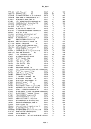 En_estoc
Page 41
TPT242LP LOVE "False start" RE 00027 LP 18.5
KEG31457 SPIRIT "Spirit/Clear" RE 00027 2LP 19
YHVHLP5 FATHER YOD & SPIRIT OF '76 "Contraction" 00027 LP 19.2
YHVHLP6 YA HO WHA 13 "To the principles for the.." 00027 LP 19.2
AD530LP NEW TWEEDY BROS. "Idem" RE 00027 LP 19.5
LP5126 HOLY MODAL ROUNDERS "Moray eels eat..." 00027 LP 19.9
WILMA71 WILSON McKINLEY "Spirit of Elijah" RE 00027 LP 19.9
SKAO436 STEVE MILLER B. "Number 5" 00027 LP 20
RNLP800 LOVE "Best of" 00027 LP 20
KC30090 BLOOD SWEAT & TEARS "3" US 00027 LP 20
KC32250 COPPERHEAD "Copperhead" (Cipollina) US 00027 LP 20
MA0003 BLUE BUS "All way" 00027 LP 20
APL10437 JEFFERSON AIRPLANE "Early flight" 00027 LP 20
CPS9468 SUNDANCE "Sundance" 00027 LP 20
FTS3025 BLUES PROJECT "Live at Town Hall" US 00027 LP 20
6313 SWEETWATER "Sweetwater" US 00027 LP 20
RRLP016 H.P.LOVECRAFT "H.P.Lovecraft" RE 00027 LP 20.2
FOLP2003 MICHELE "Saturn rings" RE 00027 LP 20.2
FOLP2034 STAINED GLASS "Crazy horse roads" 00027 LP 20.2
FOLP2066 MORNING GLORY "Two suns worth" RE 00027 LP 20.2
WIS10 NAKED LUNCH "Naked lunch" 00027 LP 20.4
MX0801LP JOSEPH PUSEY "In my lady's chamber" RE 00027 LP 20.7
ASHLP3017 FRACTION "Moonblood" RE 00027 LP 20.9
220828 LOVE "Third coming of love" 00027 2LP 21.6
LP5030 ALEXANDER SPENCE "Oar" RE 00027 LP 22.1
LP5068 SPIRIT "Eventide" 180gr. 00027 LP 22.1
LP5100 LOVE "Love" RE 180gr. 00027 LP 22.1
LP5101 LOVE "Da capo" 180gr. 00027 LP 22.1
LP5103 LOVE "Four sail" 180gr. 00027 LP 22.1
LP5194 SPIRIT "Spirit" RE 00027 LP 22.1
LP5243 MAD RIVER "Mad river" RE 00027 LP 22.1
LP5253 HOLY MODAL ROUNDERS "Good taste is timeless" RE00027 LP 22.1
LP5067 SPIRIT "Now or anywhere" 180gr. 00027 LP 22.3
LP5102 LOVE "Forever changes" 180gr. 00027 LP 22.3
LP5082 SPIRIT "Clear Spirit" 180gr. 00027 LP 22.3
LP5125 CLEAR LIGHT "Clear light" RE 00027 LP 22.3
LP5227 MOBY GRAPE "Grape jam" RE 00027 LP 22.3
LP5228 MOBY GRAPE "Moby Grape'69" RE 00027 LP 22.3
LP5263 SANTANA "Santana" RE 00027 LP 22.3
LP5264 SANTANA "Abraxas" RE 00027 LP 22.3
LP5262 ROCKETS "Rockets" (Pre Crazy Horse) RE 00027 LP 22.3
LP5247 KALEIDOSCOPE "A beacon from Mars"RE 00027 LP 22.3
LP5277 SPIRIT "12 dreams of Dr.Sardonicus" RE 00027 LP 22.3
LP5278 BLOOD, SWEAT & TEARS "Child is father to the man" RE00027 LP 22.3
LP5317 BLUES PROJECT "Projections" RE mono 00027 LP 22.3
LP5321 YOUNGBLOODS "Youngbloods" RE 00027 LP 22.3
LP5322 YOUNGBLOODS "Earth music" RE 00027 LP 22.3
LP5036 WEST COAST POP A.E.B. "Volume 1" 00027 2LP 22.8
LP5023 NEIGHB'RHOOD CHILDR'N "Long years" 00027 2LP 23.1
181934 WIZARDS FROM KANSAS "Same" RE 00027 LP 23.5
SD8302 SHANTI "Shanti" US 00027 LP 24
SD33250 IRON BUTTERFLY "In-a-gadda-da-vida" US 00027 LP 24
FTS3077 BLUES PROJECT "Best of" US 00027 LP 25
SKAO2920 STEVE MILLER B. "Children of the future" US 00027 LP 25
SD33339 IRON BUTTERFLY "Metamorphosis" 00027 LP 25
DS50081 SMITH "Minus-plus" SS 00027 LP 25
FTS3000 BLUES PROJECT "Live at the Cafe Au Go Go" US 00027 LP 25
 