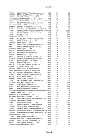 En_estoc
Page 42
FTS3046 BLUES PROJECT "Planned obsolescence US 00027 LP 25
FCS80600 STEVE MILLER B. "Fly like an eagle" JAP 00027 LP 25
LPM3724 YOUNGBLOODS "Youngbloods" US 00027 LP 25
FANTASY8413JAMES TRUMBO "Peace before we die" US 00027 LP 25
FT3000 BLUES PROJECT "Live at the Cafe Au Go Go" US 00027 LP 25
LSP4448 PAUL KANTNER "Blows against empire" US 00027 LP 25
UALA013G2 HOUR GLASS "Hour glass" US 00027 2LP 25
SWBB200 SONS OF CHAMPLIN "Loosen up..." US 00027 2LP 25
218150 P.NEWTON & WIZARDS FROM KANSAS "First" 00027 LP 28
181382 1ST REVELATION OF DANNY & LINDA "Same"RE00027 LP 28.25
LP5229 MOBY GRAPE "The place and the time" 00027 2LP 29.1
LP5281 LOVE "Love lost" 00027 2LP 29.1
SBR2LP5042 J.J.LIGHT "Heya!" 00027 2LP 29.2
196607 BLUE BUS "Your mind's mving too fast" DEL 00027 LP 30
200300 BORN AGAIN "Pagan" DEL 00027 LP 30
CBS63278 SPIRIT "Spirit" US 00027 LP 30
W1774 COLLECTORS "Grass & wild strawber." US 00027 LP 30
WSR SPIRITS & WORM "Spirits & worm" RE 00027 LP 30
SONP50077 SPIRIT "Spirit" JAP 00027 LP 30
RS6473 SWEETWATER "Melon" US 00027 LP 30
RS6417 SWEETWATER "Just for you" US 00027 LP 30
PAS5024 NEON "Neon" US 00027 LP 30
50020 GRASSROOTS "Let's live for today" US 00027 LP 30
AFL14150 YOUNGBLOODS "Elephant mountain" US 00027 LP 30
59139 MASON PROFFIT "Come & gone" 00027 2LP 30
CS9613 MOBY GRAPE "Wow" US 00027 LP 30
RS6419 LOVECRAFT "Valley of the moon" US 00027 LP 30
SO4804 LOVE "Reel-to-real" US 00027 LP 30
SRF67592 SHADES OF JOY "Shades of joy" US 00027 LP 30
DISCOLIBRO7531THREE DOG NIGHT "It ain't easy" ES 00027 LP 30
SR61309 WIZARDS FROM KANSAS "Same" RE 00027 LP 30
64191 SPIRIT "12 dreams of Dr.Sardonicus" UK 00027 LP 30
RS6359 FUGS "Belle of Avenue A" US 00027 LP 30
WS1746 COLLECTORS "Collectors" US 00027 LP 30
73116 SADDHU BRAND "Whole Earth rhythm" US 00027 LP 30
TPT244LP BOB SMITH "The visit" RE 00027 2LP 30.6
208587 GOLDENROD "Goldenrod" RE 00027 LP 32.2
232505 MAD DOG "Dawn of the seventh sun" 00027 LP 32.6
200453 FREEDOM HIGHWAY "Made in '68" 00027 LP 33.1
FANTASY24711HOLY MODAL ROUNDERS "Stampfel & Weber" US00027 2LP 35
Z1244004 SPIRIT "Spirit" US 00027 LP 35
PHS600279 H.P.LOVECRAFT "II" US 00027 LP 35
AMLS64356 ARTHUR LEE "Vindicator" UK 00027 LP 35
T2762 HEARTS & FLOWERS "Now is the time for.." US 00027 LP 35
GET0618LP SANTANA "Soul sacrifice" 00027 3LP 35.2
228419 ASYLUM "First and last" RE 00027 LP 35.2
191708 TRANSATLANTIC R. "Express to Oblivion" 00027 LP 35.8
YHVH3LP YA HO WHA 13 "The operetta" DEL 00027 lp 40
P8108A IRON BUTTERFLY "In-a-gadda-da-vida" JAP 00027 LP 40
SRS67130 SIR DOUGLAS QUINTET "Together after five" US 00027 LP 40
EKS74026 HOLY MODAL ROUNDERS "Moray eels eat..." US 00027 LP 40
SHADOKS029C1 C2 "C1 c2" RE 00027 LP 41
CL2698 MOBY GRAPE "Moby Grape" US 00027 LP 42
PHS600326 LINN COUNTY "Till the break of dawn" US 00027 LP 45
WS1689 GRATEFUL DEAD "Grateful dead" US 00027 LP 50
MGS1 MOBY GRAPE "Grape jam" US 00027 LP 50
SONP50179 SANTANA "Santana" jap.ed. 00027 LP 50
 