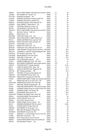 En_estoc
Page 49
VRS9211 BUFFY SAINT-MARIE "Little wheel spin and spin" US00032 LP 20
JLS3058 IAN THOMAS "Ian Thomas" US 00032 LP 20
AFL12276 NILSSON "Knnillssonn" SS 00032 LP 20
LN10039 GORDON LIGHTFOOT "Sunday concert" SS 00032 LP 20
LN10044 GORDON LIGHTFOOT "Lighfoot!" SS 00032 LP 20
PAS6013 BURTON & CUNICO "Strive,seek,find" SS 00032 LP 20
LPM3325 GALE GARNETT "Many faces of " US 00032 LP 20
C31306 TOM RUSH "Merrimack county" US 00032 LP 20
SP4140 LEE MICHAELS "Carnival of life" US 00032 LP 20
VSD79211 BUFFY SAINT-MARIE "Little wheel spin and spin" US00032 LP 20
T526 DAN HILL "Hold on" CAN SS 00032 LP 20
SE4584 NIVES "Nives" US 00032 LP 20
EKS74062 TOM RUSH "Classic rush" US 00032 LP 20
EKS75048 GARY OGAN & BILLY LAMB "Portland" US 00032 LP 20
WDLX3 AARON LIGHTMAN "Aaron Lightman" RE 00032 LP 20
EKS75031 AZTEC TWO-STEP "Aztec two-step" US 00032 LP 20
MYR1012 LOVE SONG "Love song" 00032 LP 20
DS50114 DANNY COX "Danny Cox" US 00032 LP 20
EKS7308 TOM RUSH "Take a little walk with me" US 00032 LP 20
RRLP049 JAKE HOLMES "The above ground sound of..." RE 00032 LP 20.2
RRLP133 J.HENSKE & J.YESTER "Farewell Aldebaran" RE 00032 LP 20.2
FOLP2013 PAT KILROY "Light of day" RE 00032 LP 20.2
FOLP2048 MICHELANGELO "One voice many" 00032 LP 20.2
FOLP2091 FRED NEIL "Trav'lin man" RE 00032 LP 20.2
DLP25904 VAL STOECKLEIN "Grey life" OG 00032 LP 21
212379 JEREMY DORMOUSE "Toad" RE CAN 00032 LP 21
NUMV18 WAYFARING STRANGERS: guitar solists (Varios) 00032 2LP 21
UNI7310 TOM NORTHCOTT "Upside downside" 00032 LP 21.04
MV017 CAROLYN HESTER COA. "Idem" RE 00032 LP 21.3
MV018 CAROLYN HESTER COA. "Magazine" RE 00032 LP 21.3
JPR7105 MIJ "Yodeling astrologer" RE 00032 LP 21.8
CS9772 TIM ROSE "Through colored glasses" US 00032 LP 22
VRS9197 JUDY RODERICK "Woman blue" US 00032 LP 22
EKS74028 TIM BUCKLEY "Goodbye and hello" RE 00032 LP 22
LP5302 SIMON & GARFUNKEL "Bridge over troubled water" RE00032 LP 22.1
LITA KAREN DALTON "It's so hard to tell..." RE 00032 LP 22.1
ARLP7016F HOMESTEAD & WOLFE "Our times" RE 00032 LP 22.2
LP5107 FRED NEIL "Bleeker & MacDougal" RE 00032 LP 22.3
LP5142 FRED NEIL/VINCE MARTIN "Tear down the walls" 00032 LP 22.3
LP5282 LEONARD COHEN "Songs of Leonard Cohen" RE 00032 LP 22.3
LP5285 LEONARD COHEN "Live songs" RE 00032 LP 22.3
DDR007 BOB DESPER "New sounds" RE 00032 LP 22.8
FAPLP10911 TOWNES VAN ZANDT "Flyin' shoes" RE 00032 LP 23.1
PD5044 ELLEN McILWAINE "We the people" US 00032 LP 24
EKS74105 CYRUS FARYAR "Cyrus" US 00032 LP 24
SP4599 PHIL OCHS "Chords of fame" 00032 2LP 24
ESP1039 RANDY BURNS "Of love and war" US 00032 LP 24
GG101 NORMAN GREENBAUM "With Dr. west's." 00032 LP 24.04
LP0012 PHOEBE SNOW "Phoebe Snow" ES 00032 LP 25
LPM2735 WAYFARERS "At the Hungry I" US 00032 LP 25
WP1851 BOB LIND "Photographs of feeling" SS 00032 LP 25
VSD79243 JIM KWESKIN "Jump for joy" SS 00032 LP 25
FT3024 JANIS IAN "...for all the seasons of your mind" US 00032 LP 25
FT3005 BOB LIND "The elusive" SS 00032 LP 25
PAS6006 KYLE "Times that try a man's soul" SS 00032 LP 25
RS6267 ALICE'S RESTAURANT Ost by Arlo Guthrie US 00032 LP 25
SP4152 LEE MICHAELS "Recital" US 00032 LP 25
 
