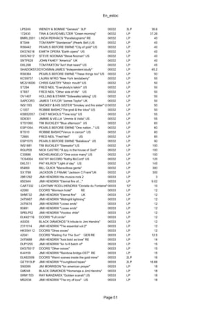 En_estoc
Page 51
LP5249 WENDY & BONNIE "Genesis" 3LP 00032 3LP 36.6
172430 TINA & DAVID MELTZER "Green morning" 00032 LP 37.26
BMRL2001 LINDA PERHACS "Parallelograms" RE 00032 LP 40
BTS44 TOM RAPP "Stardancer" (Pearls Bef.) US 00032 LP 40
RS6442 PEARLS BEFORE SWINE "City of gold" US 00032 LP 40
EKS74016 EARTH OPERA "Earth opera" US 00032 LP 40
EKS74017 STEVE NOONAN "Steve Noonan" US 00032 LP 40
SNTF628 JOHN FAHEY "America" UK 00032 LP 40
EKL298 TOM PAXTON "Ain't that news!" US 00032 LP 45
SHADOKS126DYCKMAN-JAMES "Independent study" 00032 LP 45.2
RS6364 PEARLS BEFORE SWINE "These things too" US 00032 LP 50
KCS9737 LAURA NYRO "New York tendaberry" 00032 LP 50
MCS16000 CHRIS GANTRY "Motor mouth" US 00032 LP 50
ST294 FRED NEIL "Everybody's talkin'" US 00032 LP 50
ST657 FRED NEIL "Other side of life" US 00032 LP 50
OV1407 HOLLINS & STARR "Sidewalks talking" US 00032 LP 50
SAPCOR3 JAMES TAYLOR "James Taylor" UK 00032 LP 50
WS1763 SMOKEY & HIS SISTER "Smokey and his sister" US00032 LP 50
C1007 ROBBIE BASHO"The grail & the lotus" US 00032 LP 50
KSBS2057 CHET NICHOLS "Time loop" US 00032 LP 55
SD8301 JIMMIE & VELLA "Jimmie & Vella" US 00032 LP 55
STS1060. TIM BUCKLEY "Blue afternoon" US 00032 LP 60
ESP1054. PEARLS BEFORE SWINE "One nation..." US 00032 LP 60
BTS10 ROBBIE BASHO"Venus in cancer" US 00032 LP 60
T2665 FRED NEIL "Fred Neil" US 00032 LP 80
ESP1075 PEARLS BEFORE SWINE "Balaklava" US 00032 LP 90
WS1881 TIM BUCKLEY "Starsailor" US 00032 LP 100
RGLP09 NICK CASTRO "A spy in the house of God" 00032 LP 100
C30686 MICHELANGELO "One voice many" US 00032 LP 100
TCS4004 KATHY McCORD "Kathy McCord" US 00032 LP 120
EKL311 PAT KILROY "Light of day" US 00032 LP 140
85480I BILL QUICK "Maravillosa gente" 00032 LP 300
SX1788 JACKSON C.FRANK "Jackson C.Frank"UK 00032 LP 300
2861292 JIMI HENDRIX Hta.musica rock 2 00033 LP 3
85034H JIMI HENDRIX "Eternal fire of...." 00033 LP 9.02
CART332 LIGHTNIN' ROD/J.HENDRIX "Doriella du Fontaine" 00033 12" 10
42080 DOORS "Morrison hotel" RE 00033 LP 12
SHM732 JIMI HENDRIX "Eternal fire" UK 00033 LP 12
2475667 JIMI HENDRIX "Midnight lightning" 00033 LP 12
2475674 JIMI HENDRIX "Loose ends" 00033 LP 12
80491 JIMI HENDRIX "Loose ends" 00033 LP 12
SPELP52 JIMI HENDRIX "Voodoo chile" 00033 LP 12
ELK42116 DOORS "Full circle" 00033 LP 12
AS505 BLACK DIAMONDS "A tribute to Jimi Hendrix" 00033 LP 12
2311014 JIMI HENDRIX "The essential vol.2" 00033 LP 12
HKS54112 DOORS "Otras voces" 00033 LP 12
42041 DOORS "Waiting For The Sun" GER RE 00033 LP 12.5
2475668 JIMI HENDRIX "Axis:bold as love" RE 00033 LP 14
DLP1255 JIMI HENDRIX "An hi-fi batch of" 00033 LP 15
EKS75017 DOORS "Other voices" 00033 LP 15
K44159 JIMI HENDRIX "Rainbow bridge OST" RE 00033 LP 15
ELK62009 DOORS "Weird scenes inside the gold mine" 00033 2LP 16
GET513LP JIMI HENDRIX "Youngblood tapes" 00033 2LP 16.68
S90099 JIM MORRISON "An american prayer" 00033 LP 18
GM248 BLACK DIAMONDS "Homenaje a Jimi Hendrix" 00033 LP 18
SRM1703 RAY MANZAREK "Golden scarab" US 00033 LP 18
MS2034 JIMI HENDRIX "The cry of love" US 00033 LP 18
 
