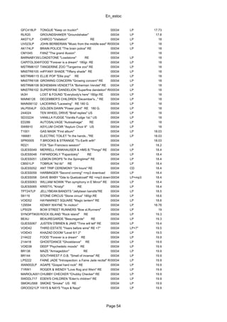 En_estoc
Page 54
GFC418LP TONGUE "Keep on truckin'" 00034 LP 17.73
RLR20 GROUNDSHAKER "Groundshaker" 00034 LP 17.8
AK071LP CHIRCO "Visitation" RE 00034 LP 18
UV023LP JOHN BERBERIAN "Music from the middle east" RE DEL00034 LP 18
AK174LP BRAIN POLICE "The brain police" RE 00034 LP 18
CM1045 FANZ "The grand illusion" 00034 18
BARNABY35004LOADSTONE "Loadstone" RE 00034 LP 18
CAPITOL304HFOOD "Forever is a dream" 180gr. RE 00034 LP 18
MSTRM6107 TANGERINE ZOO "Tangerine zoo" RE 00034 LP 18
MNSTR6105 mIFFANY SHADE "Tiffany shade" RE 00034 LP 18
MSTRM6115 ELLIE POP "Ellie pop" RE 00034 LP 18
MNSTR6108 GROWING CONCERN "Growing concern" RE 00034 LP 18
MSTRM6106 BOHEMIAN VENDETTA "Bohemian Vendet" RE 00034 LP 18
MNSTR6102 SUPERFINE DANDELION "Superfine dandelion" RE00034 LP 18
IA3H LOST & FOUND "Everybody's here" 180gr.RE 00034 LP 18
MAIN6128 DECEMBER'S CHILDREN "December's..." RE 00034 LP 18
MAINS6132 LACEWING "Lacewing" RE 180 G. 00034 LP 18
IALP004LP GOLDEN DAWN "Power plant" RE 180 G. 00034 LP 18
244024 TEN WHEEL DRIVE "Brief replies" US 00034 LP 18
SD33224 VANILLA FUDGE "Vanilla Fudge 1st." US 00034 LP 18
ED286 AUTOSALVAGE "Autosalvage" RE 00034 LP 18
SW8910 ASYLUM CHOIR "Asylum Choir II" US 00034 LP 18
T1001 GAS MASK "First album" 00034 LP 18.03
166681 ELECTRIC TOILET "In the hands..."RE 00034 LP 18.03
SPR0005 T.BROOKS & STRANGE "To Earth with" 00034 18.03
RD21 FOX "San Francisco session" 00034 LP 18.2
GUESS049 MERRELL FANKHAUSER & HMS B."Things" RE 00034 LP 18.4
GUESS048 FAPARDOKLY "Fapardokly" RE 00034 LP 18.4
GUESS051 LEMON DROPS "In the Springtime!" RE 00034 LP 18.4
CB501LP TOBRUK "Ad lib" RE 00034 LP 18.4
GUESS052 ANT TRIP CEREMONY "24 hours" RE 00034 CD 18.4
GUESS059 HARBINGER "Second coming" +mp3 download 00034 LP 18.4
GUESS058 DAVE BIXBY "Ode to Quetzalcoatl" RE +mp3 download00034 LP+mp3 18.4
GUESS063 WILLIAM NOWIK "Pan symphony in E Minor" RE 00034 LP 18.4
GUESS065 KRISTYL "Kristyl" RE 00034 LP 18.4
TPT247LP JELLYBEAN BANDITS "Jellybean bandits"RE 00034 LP 18.5
S6119 STONE CIRCUS "Stone circus" 180gr.RE 00034 LP 18.6
VOID52 HAYMARKET SQUARE "Magic lantern" RE 00034 LP 18.6
129594 KENNY WAYNE "In motion" 00034 LP 18.78
LP5029 BOW STREET RUNNERS "Bow st.Runners" 00034 LP 19
SYNOPTIK006ROCK ISLAND "Rock island" RE 00034 LP 19.3
BEAU BEAUREGARDE "Beauregarde" RE 00034 LP 19.3
GUESS067 JUSTEN O'BRIEN & JAKE "Time will tell" RE 00034 LP 19.4
VOID42 THIRD ESTATE "Years before wine" RE +7" 00034 LP+7" 19.5
VOID43 KHAZAD DOOM "Level 6/1 2" 00034 LP 19.5
214422 FOOD "Forever is a dream" RE 00034 LP 19.9
214418 GHOSTDANCE "Ghostdance" RE 00034 LP 19.9
VOID38 DEEP "Psychedelic moods" RE 00034 LP 19.9
BR138 MAZE "Armageddon" RE 00034 LP 19.9
BR144 SOUTHWEST F.O.B. "Smell of incense" RE 00034 LP 19.9
LP5222 FAINE JADE "Introspection: a Faine Jade recital" RE00034 LP 19.9
XIAN002LP AGAPE "Gospel hard rock" RE 00034 LP 19.9
71RW1 ROGER & WENDY "Love Rog and Wem" RE 00034 LP 19.9
MARIOLA001CHUBBY CHECKER "Chubby Checker" RE 00034 LP 19.9
SWDDL717 EDEN'S CHILDREN "Eden's children" RE 00034 LP 19.9
SMOKUS68 SMOKE "Smoke" US RE 00034 LP 19.9
GROO021LP YAYS & NAYS "Yays & Nays" 00034 LP 19.9
 