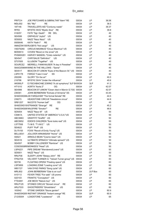 En_estoc
Page 58
PRITCH JOE PRITCHARD & GIBRALTAR "Idem" RE 00034 LP 36.06
MDL002 MU "Mu" RE 00034 LP 36.5
187146 TRAVELLER'S AID "Corduroy roads" 00034 LP 39.37
RFR2 MYSTIC SIVA "Mystic Siva" RE 00034 LP 39.8
018257 FATE "Sgt. Death" RE DEL 00034 LP 40
SE4599 ORPHEUS "Joyful" US 00034 LP 40
SD5002 NAZZ "Nazz Nazz" US 00034 LP 40
0509X46 KATH "Kath I" RE 00034 LP 40
AMAZON1000RUGBYS "Hot cargo" US 00034 LP 40
VSD79260 CIRCUS MAXIMUS "Circus Maximus" US 00034 LP 40
BDS5614 COVEN "Blood on the snow" US 00034 LP 40
PHS600281 HARVEY MANDEL "Cristo redentor" US 00034 LP 40
SE4547 CHRYSALIS "Definition" US 00034 LP 40
ST37005 ILLUSION "Together" US 00034 LP 40
SOURCE2 MERRELL FANKHAUSER "A day in Paradise" 00034 LP 40
SKAO2596WIND IN THWIND IN THE WILLOWS - "Same" 00034 LP 40
SE4517 BEACON ST.UNION "Eyes of the Beacon St." US 00034 LP 40
LSP4178 FARGO "I see it now" SS 00034 LP 40
200299 GLORY "On the air" 00034 LP 40.5
216796 MYSTIC SIVA "Under the influence" 00034 LP 40.6
AK090LP E.FISCHBACH&C.EWING "A cid symphony" 3LP BOX00034 3LP 41.3
HT1010 AORTA "Aorta 2" OG 00034 LP 42.07
SE4568 BEACON ST.UNION "Clown died in Marvin G."OG 00034 LP 42.07
236391 JOHN BERBERIAN "Echoes of Armenia" SS 00034 LP 43.45
SHADOKS99LPJW FARQUHAR "The formal female" RE 00034 LP 44.5
239273 HEADSTONE CIRCUS "Headstone circus" 00034 LP 44.8
SR61207 McCOYS "Human ball" OG 00034 LP 45
SHADOKS106STRANGE "Strange" RE 00034 LP 45.2
SHADOKS085WILDFIRE "Smokin'" RE 00034 LP 48.6
SD5004 NAZZ "Nazz III" US 00034 LP 50
CS9614. UNITED STATES OF AMERICA "U.S.A."US 00034 LP 50
ABCS663 GRAFFITI "Graffiti" US 00034 LP 50
ABCS652 EDEN'S CHILDREN "Sure looks real" US 00034 LP 50
LST7558 T.I.M.E. "T.I.M.E." US 00034 LP 50
SE4622 PUFF "Puff" US 00034 LP 50
DL75193 FOXX "Revolt of Emily Young" US 00034 LP 50
BELL6031 JOLLIVER ARKANSAW "Home" US 00034 LP 50
SSS21 ARNOLD BEAN "Cosmic bean" US 00034 LP 50
SE4516 ULTIMATE SPINACH "Ultimate spinach" US 00034 LP 50
SE4557 BOBBY CALLENDER "Rainbow" US 00034 LP 50
COSO5008REMONKEES "Head" US 00034 LP 50
LSP4221 PIPE DREAM "Wanderers/Lovers" US 00034 LP 50
SD5001 NAZZ "Nazz" US 00034 LP 50
RRLP38 SLEEPY JOHN "Sleepy John" RE 00034 LP 55
FPS2704 VELVERT TURNER G. "Velvert Turner group" US 00034 LP 60
SD730 FLOATING OPERA "Floating opera" US 00034 LP 60
LSP3959 LOADING ZONE "Loading zone" US 00034 LP 60
WB1727 VAN DYKE PARKS "Song cycle" US 00034 LP 60
MRL802 JOHN BERBERIAN "Ode to an oud" 00034 2LP Box 60
A10113 FEVER TREE "For sale" US promo 00034 LP 60
A20103 FRANTIC "Conception" US 00034 LP 60
FTS3081 JOE BECK "Nature boy" US 00034 LP 60
RRLP125 STONED CIRCUS "Stoned circus" RE 00034 LP 60
ARLP333 GHOSTRIDERS "Ghostriders" US 00034 LP 60
163542 STONE GARDEN "Stone garden" 00034 LP 60.9
SHADOKS091INSTANT ORANGE "Instant orange" RE 00034 2LP 60.9
Z1235004 LOADSTONE "Loadstone" US 00034 LP 65
 