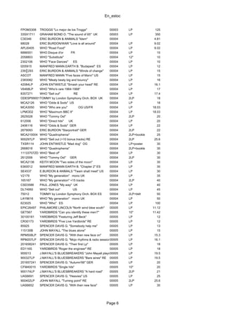 En_estoc
Page 6
FPOM3308 TROGGS "Lo mejor de los Troggs" 00003 LP 125
33SX1711 GRAHAM BOND O. "The sound of 65" UK 00003 LP 350
C30346 ERIC BURDON & ANIMALS "Idem" 00004 4.81
68028 ERIC BURDON/WAR "Love is all around" 00004 LP 9.02
APLI0405 WHO "Road Food" 00004 LP 9.02
6886551 WHO Disque d'or FR 00004 LP 10
2058803 WHO "Substitute" 00004 12" 10
2302106 WHO "Face Dances" ES 00004 LP 10
I205915 MANFRED MANN EARTH B. "Budapest" ES 00004 LP 12
239║293 ERIC BURDON & ANIMALS "Winds of change" 00004 LP 15
ASCOT MANFRED MANN "Five faces of Mann" US 00004 LP 15
2383082 WHO "Meaty beaty big and bouncy" 00004 LP 16
42084LP JOHN ENTWISTLE "Smash your head" RE 00004 LP 16.1
V6468LP WHO "Who's rare 1964-1968" 00004 LP 17
8357271 WHO "Sell out" RE 00004 LP 17.4
ODESP99001TOMMY by London Symphony Orch. BOX UK 00004 2LP 18
MCA2126 WHO "Odds & Sods" US 00004 LP 18
MCA3050 WHO "Who are you" OG US/FR 00004 LP 18.03
LPMOD2 WHO "Maximum BBC II" 00004 LP 18.03
2625028 WHO "Tommy Ost" 00004 2LP 20
612006 WHO "Direct hits" UK 00004 LP 20
2406116 WHO "Odds & Sods" GER 00004 LP 22
2679093 ERIC BURDON "Starportrait" GER 00004 2LP 22
MCA210004 WHO "Quadrophenia" 00004 2LP+bookle 25
900297LP WHO "Sell out (+10 bonus tracks) RE 00004 2LP 25.6
TXSR114 JOHN ENTWISTLE "Mad dog" OG 00004 LP+poster 30
2668018 WHO "Quadrophenia" 00004 2LP+bookle 30
11133707ZD WHO "Best of" 00004 LP 30
2612006 WHO "Tommy Ost" GER 00004 2LP 30
MCA2136 KEITH MOON "Two sides of the moon" 00004 LP 30
6360012 MANFRED MANN EARTH B. "Chapter 2" ES 00004 LP 30
SE4537 E.BURDON & ANIMALS "Twain shall meet" US 00004 LP 30
V2179 WHO "My generation" mono UK 00004 LP 35
165167 WHO "My generation" +15 tracks 00004 2LP 40
CSD3586 PAUL JONES "My way" UK 00004 LP 40
DL74950 WHO "Sell out" US 00004 LP 45
75012 TOMMY by London Symphony Orch. BOX ES 00004 2LP+bklt 50
LAY8616 WHO "My generation" mono UK 00004 LP 50
623025 WHO "Who" ES 00004 LP 100
EPIC26497 PHILAMORE LINCOLN "North wind blew south" 00005 LP 11.12
GET567 YARDBIRDS "Can you identify these men?" 00005 10" 11.42
30100181 YARDBIRDS "Featuring Jeff Beck" 00005 LP 12
CR30173 YARDBIRDS "Five Live Yardbirds" RE 00005 LP 12
85925 SPENCER DAVIS G. "Somebody help me" 00005 LP 13
115130B JOHN MAYALL "The blues alone" 00005 LP 15
RPM508LP SPENCER DAVIS G. "With their new face on" 00005 LP 15.3
RPM207LP SPENCER DAVIS G. "Mojo rhythms & radio sessions"00005 LP 16.1
201658241 SPENCER DAVIS G. "Their first Lp" 00005 LP 18
ED116S YARDBIRDS "Roger the engineer" RE 00005 LP 18
900013 J.MAYALL'S BLUESBREAKERS "John Mayall plays..."00005 LP 19.5
900327LP J.MAYALL'S BLUESBREAKERS "Bare wires" RE 00005 LP 19.5
201657241 SPENCER DAVIS G. "Autumn'66" GER 00005 LP 20
CFM40015 YARDBIRDS "Single hits" 00005 10" 20
900174LP J.MAYALL'S BLUESBREAKERS "A hard road" 00005 2LP 21
UAS6691 SPENCER DAVIS G. "Heavies" US 00005 LP 25
900402LP JOHN MAYALL "Turning point" RE 00005 2LP 25.6
UAS6652 SPENCER DAVIS G. "With their new face" 00005 LP 30
 