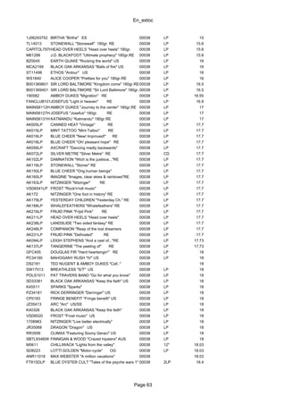 En_estoc
Page 63
1J06293752 BIRTHA "Birtha" ES 00038 LP 15
TL14013 STONEWALL "Stonewall" 180gr. RE 00038 LP 15.6
CAPITOL797HHEAD OVER HEELS "Head over heels" 180gr. 00038 LP 15.6
M61288 J.D. BLACKFOOT "Ultimate prophecy" 180gr.RE 00038 LP 15.6
BZ0045 EARTH QUAKE "Rocking the world" US 00038 LP 16
MCA2199 BLACK OAK ARKANSAS "Balls of fire" US 00038 LP 16
ST11498 ETHOS "Ardour" US 00038 LP 16
WS1840 ALICE COOPER "Pretties for you" 180gr.RE 00038 LP 16
B001369601 SIR LORD BALTIMORE "Kingdom come" 180gr.RE00038 LP 16.5
B001369401 SIR LORD BALTIMORE "Sir Lord Baltimore" 180gr.RE00038 LP 16.5
190582 AMBOY DUKES "Migration" RE 00038 LP 16.55
FANCLUB1010JOSEFUS "Light in heaven" RE 00038 LP 16.9
MAINS6112HLPAMBOY DUKES "Journey to the center" 180gr.RE 00038 LP 17
MAINS6127HLPJOSEFUS "Josefus" 180gr. RE 00038 LP 17
MAINS6131HLPKATMANDU "Katmandu" 180gr.RE 00038 LP 17
AK005LP CANNED HEAT "Vintage" RE 00038 LP 17.7
AK015LP MINT TATTOO "Mint Tattoo" RE 00038 LP 17.7
AK016LP BLUE CHEER "New! Improved!" RE 00038 LP 17.7
AK018LP BLUE CHEER "Oh! pleasant hope" RE 00038 LP 17.7
AK056LP AXCRAFT "Dancing madly backwards" 00038 LP 17.7
AK072LP SILVER METRE "Silver Metre" RE 00038 CD 17.7
AK102LP DAMNATION "Wich is the justisce..."RE 00038 LP 17.7
AK116LP STONEWALL "Stoner" RE 00038 LP 17.7
AK150LP BLUE CHEER "Orig.human beings" 00038 LP 17.7
AK160LP IMAGINE "Images, clear skies & rainbows"RE 00038 LP 17.7
AK163LP NITZINGER "Nitzinger" RE 00038 LP 17.7
VSD6541LP FROST "Rock'n'roll music" 00038 LP 17.7
AK172 NITZINGER "One foot in history" RE 00038 LP 17.7
AK179LP YESTERDAY CHILDREN "Yesterday Ch." RE 00038 LP 17.7
AK188LP WHALEFEATHERS "Whalefeathers" RE 00038 LP 17.7
AK216LP FRIJID PINK "Frijid Pink" RE 00038 LP 17.7
AK211LP HEAD OVER HEELS "Head over heels" 00038 LP 17.7
AK238LP LANDSLIDE "Two sided fantasy" RE 00038 LP 17.7
AK248LP COMPANION "Reap of the lost dreamers 00038 LP 17.7
AK231LP FRIJID PINK "Defrosted" RE 00038 LP 17.7
AK094LP LEIGH STEPHENS "And a cast of..."RE 00038 LP 17.73
AK137LP TANGERINE "The peeling of" RE 00038 LP 17.73
GFC405 DOUGLAS FIR "Hard heartsingin'" RE 00038 LP 18
PC34190 MAHOGANY RUSH "IV" US 00038 LP 18
DS2181 TED NUGENT & AMBOY DUKES "Call.." 00038 18
SW17013 BREATHLESS "S/T" US 00038 LP 18
POLS1011 PAT TRAVERS BAND "Go for what you know" 00038 LP 18
SD33381 BLACK OAK ARKANSAS "Keep the faith" US 00038 LP 18
K45511 SPARKS "Sparks" 00038 LP 18
PZ34181 RICK DERRINGER "Derringer" US 00038 LP 18
CP0183 FRINGE BENEFIT "Fringe benefit" US 00038 LP 18
JZ35413 ARC "Arc" US/SS 00038 LP 18
K40326 BLACK OAK ARKANSAS "Keep the faith" 00038 LP 18
VSD6520 FROST "Frost music" US 00038 LP 18
1708983 NITZINGER "Live better electrically" 00038 LP 18
JR35068 DRAGON "Dragon" US 00038 LP 18
RR3506 CLIMAX "Featuring Soony Geraci" US 00038 LP 18
SBTL934609 FINNIGAN & WOOD "Crazed hipsters" AUS 00038 LP 18
M0611 CHILLIWACK "Lights from the valley" 00038 12" 18.03
SD8223 LOTTI GOLDEN "Motor-cycle" OG 00038 LP 18.03
ANR11018 MAX WEBSTER "A million vacations" 00038 18.03
FT815DLP BLUE OYSTER CULT "Tales of the psyche wars 1" 00038 2LP 18.4
 