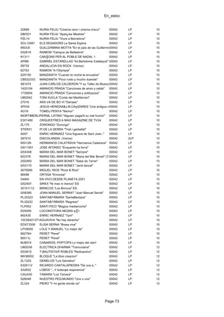 En_estoc
Page 73
22899 NURIA FELIU "Cinema ranci i cinema d'avui" 00042 LP 10
DBOO1 NURIA FELIU "Apel╖les Mestres" 00042 LP 10
PZL14 NURIA FELIU "Viure a Barcelona" 00042 LP 10
SCL12481 ELS SEGADORS La Santa Espina 00042 LP 10
85033I GUILLERMINA MOTTA "En el pais de las Guillerminas"00042 LP 10
S32619 RAIMON "Campus de Bellaterra" 00042 LP 10
N1311 CAN╟ONS PER AL POBLE DE NADAL 1 00042 LP 10
API86 GABRIEL ESTARELLAS "Int.Bartolome Calatayud" 00042 LP 10
58735 ANDALUCIA EN ROCK (Varios) 00042 LP 10
62763 RAIMON "A l'Olympia" 00042 LP 10
S25150 MANZANITA "Cuando la noche te envuelve" 00042 LP 10
CBS32333 MANZANITA "Poco ruido y mucho duende" 00042 LP 10
S81074 JUAN CARLOS CALDERON "Y su Taller de Musica vol.2"00042 LP 10
1420104 AMANCIO PRADA "Canciones de amor y celda" 00042 LP 10
1735654 AMANCIO PRADA "Canciones y soliloquios" 00042 LP 10
UM2042 TONI XUCLA "Conte del Mediterrani" 00042 LP 10
27016 ARA VA DE BO VI "Danses" 00042 LP 10
4P034 JESUS HEREDIA&J.M.CA╤IZARES "Una antigua voz sin hora"00042 LP 10
AO16 TOMEU PENYA "Illamor" 00042 LP 10
MORTIMERLP001PERNIL LATINO "Alguien pagarß su mal humor" 00042 LP 10
E301480 ORQUESTRES A MAG MAGAZINE DE TV3A 00042 LP 10
ZL175 ZORONGO "Zorongo" 00042 LP 10
STER31 PI DE LA SERRA "Triat i garbellat" 00042 LP 10
A007 ENRIC HERNAEZ "Una foguera de Sant Joan.." 00042 LP 10
287010 DISCOLANDIA (Varios) 00042 2LP 10
85012N HERMANOS CALATRAVA "Hermanos Calatrava" 00042 LP 10
GS11001 JOSE AFONSO "Enquanto ha forτa" 00042 LP 10
I204308 MARIA DEL MAR BONET "Sempre" 00042 LP 10
82237E MARIA DEL MAR BONET "Maria del Mar Bonet" (74')00042 LP 10
200265I MARIA DEL MAR BONET "Saba de Terrer" 00042 LP 10
I203170 MARIA DEL MAR BONET "Jardi tancat" 00042 LP 10
2679090 MIGUEL RIOS "Rock & Rios" 00042 LP 10
88498 ORTIGA "Enronda" 00042 LP 10
54940 EN VIVO DESDE PLANETA 2001 00042 LP 10
I202407 SIREX "Ni mas ni menos" ES 00042 LP 10
30101112 BRINCOS "Los Brincos" ES 00042 LP 10
I206385 JOAN MANUEL SERRAT "Joan Manuel Serrat" 00042 LP 10
PL35323 SANTAB┴RBARA "SantaBarbara" 00042 LP 10
PL35222 SANTAB┴RBARA "Regreso" 00042 LP 10
FLP002 SANTI PICO "Magica medianoche" 00042 LP 10
D25009 LOCOMOTORA NEGRA ╤║1 00042 LP 10
892435 ENRIC HERNAEZ "7pm" 00042 LP 10
10C06421371AGUAVIVA "No hay derecho" 00042 LP 10
EDX73306 ELISA SERNA "Brasa viva" 00042 LP 10
LPV8000 LOLE Y MANUEL "Lo mejor de" 00042 LP 10
89279H PERET "Peret" 00042 LP 10
85011L PERET "Peret" 00042 LP 10
MJ8074 CANARIOS, POPTOPS Lo mejor del clan! 00042 LP 10
UM2039 ELECTRICA DHARMA "Tramuntana" 00042 LP 12
I203615 T.BAUTISTA/P.ROBLES "Radioactivo" 00042 LP 12
MH36002 BLOQUE "La libre creacion" 00042 LP 12
ZL132S GEMELOS "Los Gemelos" 00042 LP 12
6328112 RICARDO CANTALAPIEDRA "De oca a.." 00042 LP 12
S32832 LOBOS "...Y todavφa respiramos" 00042 LP 12
CAU430 TAMARA "Los Tamara" 00042 LP 12
S26048 NUESTRO PEQ.MUNDO "Uno x uno" 00042 LP 12
ZL324 PIERO "Y mi gente donde va" 00042 LP 12
 