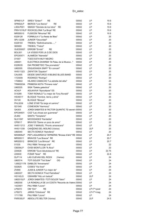 En_estoc
Page 77
SPIN01LP SIREX "Gritan!" RE 00042 LP 19.9
SPIN02LP IBEROS "Los Iberos" RE 00042 LP 19.9
LSDLP001 SMASH "Glorieta de los lotos" RE 00042 LP 19.9
PRIV1010LP ROCKCELONA "La Bruja" RE 00042 LP 19.9
MRSSS10 FUSIOON "Minorisa" RE 00042 LP 19.9
6328128 FORMULA V "La fiesta de Blas" 00042 LP 20
SPL12236 JUNIOR "Oscuridad" 00042 LP 20
6328193 TREBOL "Definitivamente......" 00042 LP 20
S65900 TREBOL "Trebol" 00042 LP 20
GUESS007 ERROBI "Errobi" RE 00042 LP 20
BOL001 LA VOSSS POR LA G.DE DIOS 00042 LP 20
EPC83571 ALAMEDA "Alameda" 00042 LP 20
D1007 TODO ESTA MUY NEGRO 00042 LP 20
246001 ELECTRICA DHARMA "Al Palau de la Musica .." 00042 LP 20
6328035 DIA PROMETIDO "Dia prometido" 00042 LP 20
UM2055 ESQUEIXADA SNIFF "En concert" 00042 LP 20
HHS11323 ZAPATON "Zapaton" 00042 LP 20
CAU505 DESDE SANTURCE A BILBAO BLUES BAND 00042 LP 20
1723009 RODRIGO "Rodrigo" 00042 LP 20
1708842 HILARIO CAMACHO "La estrella del alba" 00042 LP 20
TRM0003A PRIMERA NOTA "Primera nota" 00042 LP 20
UM2025 SISA "Galeta galactica" 00042 LP 20
AC4LP AGUAVIVA "Apocalipsis" ES 00042 LP 20
S14285 TONY RONALD "Lo mejor de Tony Ronald" 00042 LP 20
HS35017 BLOQUE "Hombre, tierra y alma" 00042 LP 20
SV140 BLOQUE "Bloque" 00042 LP 20
PHL5034 LONE STAR "Es largo el camino" 00042 LP 20
S21540 CONEXION "Harmony" 00042 LP 20
GA303 JORDI SABATES & FACTOR QUANTIC "El secret de la criolla"00042 LP 20
EPC84931 COZ "Las chicas son guerreras" 00042 LP 20
ZL662 SANTA "Templario" 00042 LP 20
NLX1097 MOCEDADES "Kantaldia" 00042 LP 20
CP9017 BRAVOS "Dame un poco de amor" 00042 LP 20
HHS11213 JOSE Y MANUEL "Pronto amanecera" 00042 LP 20
HHS11339 CAN╟ONS DEL MOLINO (Varios) 00042 2LP 20
UM2040 SECTA SONICA "Astroferia" 00042 LP 20
MX0806LP PEP LAGUARDA & TAPINERIA "Brossa d'ahir" RE 00042 LP 20.7
MRSSS11 BRAVOS "Los Bravos" RE 00042 LP 20.7
MRSSS12 BRINCOS "Los Brincos" RE 00042 LP 20.7
01535 PAU RIBA "Amarga crisi" 00042 LP 22
CM294LP OVIDI MONTLLOR "A Alcoi" 00042 LP 22
220628 ERROBI "Gure lekukotasuna" RE 00042 LP 22.75
220630 ITZIAR "Itziar" RE 00042 LP 22.8
DLP114 LAS CUEVAS DEL ROCK (Varios) 00042 LP 24
UM2014 TOTI SOLER "Toti Soler" OG 00042 LP 24
1J06221176 DIABLOS "Aniversario" 00042 LP 24
S32825 COSES "Via fora!" 00042 LP 24
ZV690 JUAN & JUNIOR "Lo mejor de" 00042 LP 24
UM2027 SECTA SONICA "Fred Pedralbes" 00042 LP 24
HG142LS OSKARBI "Hitz urri batzuk" 00042 2LP 24
UM2015LP JORDI SABATES I TOTI SOLER "Idem" 00042 LP 24
UM2030 LA RONDALLA DE LA COSTA "Records de Valencia"00042 LP 24
1423501 PAU RIBA "Licors" 00042 LP 24
LPS072 OM "Om" RE 00042 LP+7"+post 24
LPS073 JARKA "Ortodoxia" RE 00042 LP+7"+mag 24
1711789 PAU RIBA "Licors" 00042 LP 24
FKR030LP ABSOLUTE BELTER (Varios) 00042 2LP 24.5
 