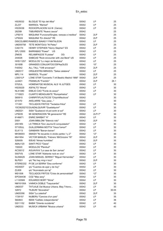 En_estoc
Page 78
HS35032 BLOQUE "El hijo del Alba" 00042 LP 25
ZL237 MARISOL "Marisol" 00042 LP 25
HS35038 ROCKOPILACION Vol III (Varios) 00042 LP 25
28258I TABURIENTE "Nuevo cauce" 00042 25
LPS015 MAQUINA "Funciona!Singles, rarezas e ineditos" 00042 2LP 25
LPS024 MAQUINA "En directo!" RE 00042 2LP 25
DISCOLIBRO7307RAMSES ISAIAS Y PANTALEON 00042 LP 25
UM205758 TETE MONTOLIU "Al Palau" 00042 2LP 25
CAS174 HENRY STEPHEN "Henry Stephen" ES 00042 LP 25
SPL12000 BARRABAS "Power" US 00042 LP 25
ZN63S RELAMPAGOS "6 pistas" OG 00042 LP 25
244026 SABICAS "Rock encounter with Joe Beck" US 00042 LP 25
HHS11257 MODULOS "Lo mejor de Modulos" 00042 LP 25
30165B GRANDES CONJUNTOS ESPA╤OLES 00042 10" 25
F40542 ALL TALL "10Φ aniversari" 00042 2LP 25
UM2017 ORQUESTRA MIRASOL "Salsa catalana" 00042 LP 25
MPL114 MARISOL "Puzzle" 00042 2LP 25
LS001LP LONE STAR "Concierto T.Inf.Beatriz Madrid 1968" 00042 2LP 25
JLA401 FRANKLIN "Franklin" 00042 2LP 26.1
5702UL HOMENATGE MUSICAL ALS 16 JUTGES 00042 LP 30
HS35029 ASFALTO "Ahora" 00042 LP 30
NLX1080 EMILIO CAO "Fonte do ara±o" 00042 LP 30
1715923 CUARTO MENGUANTE "Rompehielos" 00042 LP 30
S65910 CHIRIPITIFLAUTICOS "Chipiritiflauticos" 00042 30
IZ157D AKELARRE "Gau pasa..." 00042 30
171391 TECLADOS FRITOS "Teclados fritos" 00042 LP 30
10C062021534GUADALQUIVIR "Guadalquivir" 00042 LP 30
UM2021 SISA "Qualsevol nit pot sortir el sol" 00042 LP 30
LPS035 MI GENERACION "Mi generaci≤n" RE 00042 2LP+7" 30
8146671 ENRIC BARBAT "4" 00042 LP 30
D501 JOAN BIBILONI "Silencio roto" 00042 2LP 30
200185I LA TRINCA "Don Jaume El conquistador" 00042 LP 30
5710SUL GUILLERMINA MOTTA "Visca l'amor!" 00042 LP 30
ELK113 GANBARA "Banan-banan" 00042 LP 30
MH36003 SMASH "Ni recuerdo ni olvido partes 1 y 2" 00042 12" 30
6641654 VICTOR MANUEL "Febrero '68/Octubre '76" 00042 2LP 30
S26009 IDEAS "Almas humildes" 00042 2LP 30
A8AU120 SANTI PICO "Oasis" 00042 LP 30
150020 MODULOS "Plenitud" 00042 LP 30
AC30012 AGUAVIVA "La casa de San Jamas" 00042 LP 30
5507VS LONE STAR "Adelante rock en vivo" 00042 LP 30
SLEM429 JOAN MANUEL SERRAT "Miguel Hernandez" 00042 LP 30
BLP001 ╤U "No hay ning·n loco" 00042 2LP 30
STEREO32 PI DE LA SERRA "Disc-conforme" 00042 LP 30
HS35007 ╤U "Cuentos de ayer y de hoy" 00042 LP 30
ZL609 ╤U "Acorralado por tφ" 00042 LP 30
MS1008 TECLADOS FRITOS "Crisis de personalidad" 00042 12" 30
EPC84438 COZ "Mas sexy" 00042 LP 30
L1120569 EDUARDO BORT "Silvia" 00042 LP 30
NM16100A VAINICA DOBLE "Taquicardia" 00042 2LP 30
UM2037 TATUAJE Ost Musica Urbana, Blay Tritono... 00042 LP 30
32872 TILBURI "Alcocebre" 00042 LP 30.05
UM20356 SISA "La catedral" 00042 2LP 35
1728157 NUBERU "Cancios d'un pais" 00042 LP 35
S82843 IMAN "Califato independiente" 00042 LP 36
GS11152 BABIA "Oriente occidente" 00042 LP 40
UM2033 MUSICA URBANA "Musica urbana" 00042 LP 40
 