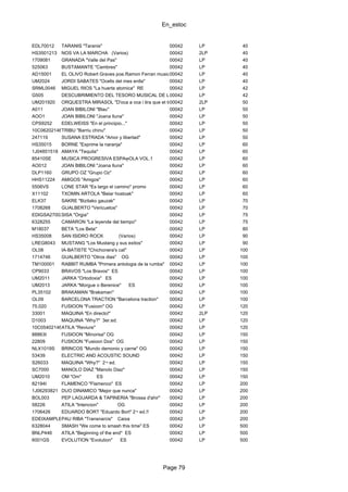 En_estoc
Page 79
EDL70012 TARANIS "Taranis" 00042 LP 40
HS3501213 NOS VA LA MARCHA (Varios) 00042 2LP 40
1709081 GRANADA "Valle del Pas" 00042 LP 40
525063 BUSTAMANTE "Cambres" 00042 LP 40
AD15001 EL OLIVO Robert Graves poe.Ramon Ferran musica00042 LP 40
UM2024 JORDI SABATES "Ocells del mes enlla" 00042 LP 40
SRML0046 MIGUEL RIOS "La huerta atomica" RE 00042 LP 42
G505 DESCUBRIMIENTO DEL TESORO MUSICAL DE LOS 7000042 LP 42
UM201920 ORQUESTRA MIRASOL "D'oca a oca i tira que et toca"00042 2LP 50
A011 JOAN BIBILONI "Blau" 00042 LP 50
AOO1 JOAN BIBILONI "Joana lluna" 00042 LP 50
CPS9252 EDELWEISS "En el principio..." 00042 LP 50
10C062021461TRIBU "Barriu chinu" 00042 LP 50
247119 SUSANA ESTRADA "Amor y libertad" 00042 LP 50
HS35015 BORNE "Exprime la naranja" 00042 LP 60
1J04851518 AMAYA "Tequila" 00042 LP 60
85410SE MUSICA PROGRESIVA ESPA╤OLA VOL.1 00042 LP 60
AO012 JOAN BIBILONI "Joana lluna" 00042 LP 60
DLP1160 GRUPO OZ "Grupo Oz" 00042 LP 60
HHS11224 AMIGOS "Amigos" 00042 LP 60
5506VS LONE STAR "Es largo el camino" promo 00042 LP 60
X11102 TXOMIN ARTOLA "Belar hostoak" 00042 LP 60
ELK37 SAKRE "Bizitako gauzak" 00042 LP 70
1708268 GUALBERTO "Vericuetos" 00042 LP 70
EDIGSA27002SISA "Orgia" 00042 LP 75
6328255 CAMARON "La leyende del tiempo" 00042 LP 75
M18037 BETA "Los Beta" 00042 LP 80
HS35008 SAN ISIDRO ROCK (Varios) 00042 LP 90
LREG8043 MUSTANG "Los Mustang y sus exitos" 00042 LP 90
OL08 IA-BATISTE "Chichonera's cat" 00042 LP 100
1714746 GUALBERTO "Otros dias" OG 00042 LP 100
TM100001 RABBIT RUMBA "Primera antologia de la rumba" 00042 LP 100
CP9033 BRAVOS "Los Bravos" ES 00042 LP 100
UM2011 JARKA "Ortodoxia" ES 00042 LP 100
UM2013 JARKA "Morgue o Berenice" ES 00042 LP 100
PL35102 BRAKAMAN "Brakaman" 00042 LP 100
OL09 BARCELONA TRACTION "Barcelona traction" 00042 LP 100
75.020 FUSIOON "Fusioon" OG 00042 LP 120
33001 MAQUINA "En directo!" 00042 2LP 120
D1003 MAQUINA "Why?" 3er.ed. 00042 LP 120
10C054021462ATILA "Reviure" 00042 LP 120
88863I FUSIOON "Minorisa" OG 00042 LP 150
22809 FUSIOON "Fusioon Dos" OG 00042 LP 150
NLX1019S BRINCOS "Mundo demonio y carne" OG 00042 LP 150
53439 ELECTRIC AND ACOUSTIC SOUND 00042 LP 150
S26033 MAQUINA "Why?" 2¬ ed. 00042 LP 150
SC7000 MANOLO DIAZ "Manolo Diaz" 00042 LP 150
UM2010 OM "Om" ES 00042 LP 150
82194I FLAMENCO "Flamenco" ES 00042 LP 200
1J06293821 DUO DINAMICO "Mejor que nunca" 00042 LP 200
BOL003 PEP LAGUARDA & TAPINERIA "Brossa d'ahir" 00042 LP 200
58226 ATILA "Intencion" OG 00042 LP 200
1706426 EDUARDO BORT "Eduardo Bort" 2¬ ed.!! 00042 LP 200
EDEIXAMPLEPAU RIBA "Transnarcis" Caixa 00042 LP 200
6328044 SMASH "We come to smash this time" ES 00042 LP 500
BNLP446 ATILA "Beginning of the end" ES 00042 LP 500
6001GS EVOLUTION "Evolution" ES 00042 LP 500
 