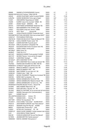 En_estoc
Page 85
289898 WAKING UP SCHEHERAZADE (Varios) 00043 LP 17
MAINS6120HLPNUCLEUS "Nucleus" 180gr.CAN RE 00043 LP 17
229336 JACKIE FOUNTAINS "Jackie Fountains"SWISS 00043 LP 17.05
HJRLP04 CEDRIC IM BROOKS "& the Light of Saba" 00043 2LP 17.4
210297 VINDHARPEN "Rejsentilyenan" DNMK 00043 LP 17.45
192398 ELMIRA "Lady of the mountain" DNMK RE 00043 LP 17.5
243951 ASOKA "Asoka" SWEDEN RE 00043 LP 17.5
255153 SYDFYNSKE ALPEDRENGE "Solskinsliv" RE 00043 LP 17.5
FA6514 NEW NADIR/ME & THE OTHERS "Split" 00043 LP 17.5
193527 POLYFEEN "Langt ude i skoven" DNMK 00043 LP 17.6
218179 SPOT "Spot" (Suizos) RE 00043 LP 17.6
223295 JOHN & PHILIPA COOPER "Cooperville times" 00043 LP 17.6
GROOMETEO0010RHYTHM CHECKERS "Wild raw eurobeat 66/67" 00043 LP 17.6
LE0021LP PSYCHADELIC PORTUGAL 00043 17.6
VMLP║125 PAESE DEI BALOCCHI "Paese dei Balocchi" RE 00043 LP 17.6
VMLP128 DUELLO MADRE "Duello madre" RE 00043 LP 17.6
AK055LP ALBERO MOTORE "Il grande gioco" 00043 LP 17.7
AK1018LP EMILIO LOCURCIO "L'eliogabalo" RE 00043 LP 17.7
AK223LP BLACKFEATHER "At the mountains" AUS RE 00043 LP 17.7
AK224LP HURDY GURDY "Hurdy gurdy" 00043 LP 17.7
AK1038LP AREA "Event '76" 00043 LP 17.7
AK268LP TOAD "B.U.F.O." 00043 LP 17.7
AK315LP MADDEN & HARRIS "Fools paradise" AUSSIE 00043 LP 17.7
AK317LP SEVENS "Sevens + bonus all the 45 singles" 00043 LP 17.7
AK355LP CHRISTMAS "Heritage" CAN 00043 LP 17.7
AK1024LP ARTI E MESTIERI "Tilt" RE 00043 LP 17.73
AK1025 ARTI E MESTIERI "Giro di valzer per domani" RE 00043 LP 17.73
TSLP002. SHAPES AND SOUNDS from BBC 1967-69 00043 LP 17.9
RARE55010 LATINS 80 "Foglie gialle all'imbrunire" RE 00043 LP 17.9
U5309102 BRIGITTE BARDOT "L'appareil a Sou" RE 00043 LP 17.95
U5309104 BRIGITTE BARDOT "B.B." RE 00043 LP 17.95
U5309106 NINO FERRER "Je veux etre noir" RE 00043 LP 17.95
U5309162 FRANCE GALL "1968" RE 00043 LP 17.95
5309278 MICHEL POLNAREFF "Please love me please" RE 00043 LP 17.95
5309160 BORIS VIAN "Le deserteur" RE 00043 LP 17.95
U5308554 SERGE GAINSBOURG "Anna OST" RE 00043 LP 17.95
U5309828 SERGE GAINSBOURG "Madame Claude" RE 00043 LP 17.95
U5309827 SERGE GAINSBOURG "Je t'aime moi..." RE 00043 LP 17.95
RIVIERA521142PHILIPPE NICAUD "Erotico... Nicaud" RE 00043 LP 17.95
5316546 NINO FERRER "Metronome" RE 00043 LP 17.95
5316542 EDDY MITCHELL "Zig zag" FR RE 00043 LP 17.95
SH10041 BRIGITTE FONTAINE "Je ne connais pas cet homme"RE DEL00043 LP 18
CS08LP WIZARD. Rare gems from Czechoslovakia 2 00043 LP 18
82501 KASMIR "Alarme!" 00043 18
DELUXEP70316LDANSEZ AVEC... (Varios) FR 00043 LP 18
P70349 DANSEZ AVEC... (Varios) FR 00043 LP 18
844710BY SHEILA "5e long playing" FR 00043 LP 18
ATL50517 COLD CHISEL "Cold chisel" AUSSIE ROCK 00043 LP 18
PS30137 JEAN PIERRE ALARCEN "Jean Pierre Alarcen" 00043 LP 18
WG2512 SEEKERS "Sing their Big hits" AUSSIE 00043 LP 18
BM525 GUESS WHO "Guess who?" CAN 00043 LP 18
LPS023 AFTER LIFE "Cauchemar" FR RE 00043 LP 18
FKR001LP JEAN-CLAUDE VANNIER "L'enfant assassin des mouches"00043 LP 18
E351 JOHN DEEN & TRAKK "Beat 69" 00043 LP 18
80241M CHARLES AZNAVOUR "Acc.par Paul Mauriat" 00043 LP 18
DL75054 JEANNIE BRITTAN "Gentle explosion" 00043 LP 18
CBS64802 DANYEL GERARD "Atmosphere 2" 00043 LP 18
 