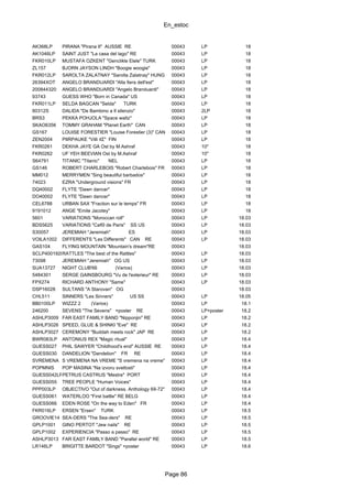 En_estoc
Page 86
AK368LP PIRANA "Pirana II" AUSSIE RE 00043 LP 18
AK1046LP SAINT JUST "La casa del lago" RE 00043 LP 18
FKR010LP MUSTAFA OZKENT "Genclikle Elele" TURK 00043 LP 18
ZL157 BJORN JAYSON LINDH "Boogie woogie" 00043 LP 18
FKR012LP SAROLTA ZALATNAY "Sarolta Zalatnay" HUNG 00043 LP 18
26394XOT ANGELO BRANDUARDI "Alla fiera dell'est" 00043 LP 18
200844320 ANGELO BRANDUARDI "Angelo Branduardi" 00043 LP 18
93743 GUESS WHO "Born in Canada" US 00043 LP 18
FKR011LP SELDA BAGCAN "Selda" TURK 00043 LP 18
80312S DALIDA "De Bambino a Il silenzio" 00043 2LP 18
BRS3 PEKKA POHJOLA "Space waltz" 00043 LP 18
SKAO6356 TOMMY GRAHAM "Planet Earth" CAN 00043 LP 18
GS167 LOUISE FORESTIER "Louise Forestier (3)" CAN 00043 LP 18
ZEN2004 PIIRPAUKE "Villi itΣ" FIN 00043 LP 18
FKR0261 DEKHA JAYE GA Ost by M.Ashraf 00043 10" 18
FKR0262 UF YEH BEEVIAN Ost by M.Ashraf 00043 10" 18
S64791 TITANIC "Titanic" NEL 00043 LP 18
GS146 ROBERT CHARLEBOIS "Robert Charlebois" FR 00043 LP 18
MM012 MERRYMEN "Sing beautiful barbados" 00043 LP 18
74023 EZRA "Underground visions" FR 00043 LP 18
DQ40002 FLYTE "Dawn dancer" 00043 LP 18
DO40002 FLYTE "Dawn dancer" 00043 LP 18
CEL6788 URBAN SAX "Fraction sur le temps" FR 00043 LP 18
9191012 ANGE "Emile Jacotey" 00043 LP 18
5601 VARIATIONS "Moroccan roll" 00043 LP 18.03
BDS5625 VARIATIONS "CafΘ de Paris" SS US 00043 LP 18.03
S30057 JEREMIAH "Jeremiah" ES 00043 LP 18.03
VOILA1002 DIFFERENTS "Les Differents" CAN RE 00043 LP 18.03
GAS104 FLYING MOUNTAIN "Mountain's dream"RE 00043 18.03
SCLP400192LRATTLES "The best of the Rattles" 00043 LP 18.03
73098 JEREMIAH "Jeremiah" OG US 00043 LP 18.03
SUA13727 NIGHT CLUB'66 (Varios) 00043 LP 18.03
5484301 SERGE GAINSBOURG "Vu de l'exterieur" RE 00043 LP 18.03
FPX274 RICHARD ANTHONY "Same" 00043 LP 18.03
DSP16028 SULTANS "A Starovan" OG 00043 18.03
CHL511 SINNERS "Les Sinners" US SS 00043 LP 18.05
BB0100LP WIZZZ 2 (Varios) 00043 LP 18.1
246200 SEVENS "The Sevens" +poster RE 00043 LP+poster 18.2
ASHLP3009 FAR EAST FAMILY BAND "Nipponjin" RE 00043 LP 18.2
ASHLP3026 SPEED, GLUE & SHINKI "Eve" RE 00043 LP 18.2
ASHLP3027 CEREMONY "Buddah meets rock" JAP RE 00043 LP 18.2
BWR083LP ANTONIUS REX "Magic ritual" 00043 LP 18.4
GUESS027 PHIL SAWYER "Childhood's end" AUSSIE RE 00043 LP 18.4
GUESS030 DANDELION "Dandelion" FR RE 00043 LP 18.4
SVREMENA S VREMENA NA VREME "S vremena na vreme" 00043 LP 18.4
POPMNIS POP MASINA "Na izvoru svetlosti" 00043 LP 18.4
GUESS042LPPETRUS CASTRUS "Mestre" PORT 00043 LP 18.4
GUESS055 TREE PEOPLE "Human Voices" 00043 LP 18.4
PPP003LP OBJECTIVO "Out of darkness. Anthology 69-72" 00043 LP 18.4
GUESS061 WATERLOO "First battle" RE BELG 00043 LP 18.4
GUESS066 EDEN ROSE "On the way to Eden" FR 00043 LP 18.4
FKR016LP ERSEN "Ersen" TURK 00043 LP 18.5
GROOVIE14 SEA-DERS "The Sea-ders" RE 00043 LP 18.5
GPLP1001 GINO PERTOT "Jew nails" RE 00043 LP 18.5
GPLP1002 EXPERIENCIA "Passo a passo" RE 00043 LP 18.5
ASHLP3013 FAR EAST FAMILY BAND "Parallel world" RE 00043 LP 18.5
LR146LP BRIGITTE BARDOT "Sings" +poster 00043 LP 18.6
 