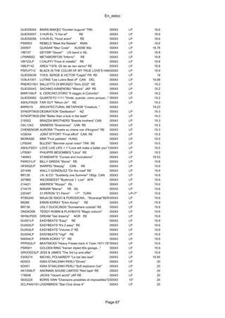 En_estoc
Page 87
GUESS054 BARIS MAN╟O "Dunden bugune" TRK 00043 LP 18.6
GUESS057 3 HUR-EL "3 Hur-el" RE 00043 LP 18.6
GUESS056 3 HUR-EL "Hurel arsivi" RE 00043 LP 18.6
PSR003 REBELS "Meet the Rebels" IRAN 00043 LP 18.6
200507 QUASAR "Man Coda" AUSSIE 80s 00043 LP 18.78
188157 GEYSIR "Geysir" US band in ISL 00043 LP 18.8
LPWM002 METAMORFOSI "Inferno" RE 00043 LP 18.8
VM122LP I CALIFFI "Fiore di metallo" RE 00043 LP 18.8
VMLP142 AREA "1978. Gli dei se nev vanno" RE 00043 LP 18.8
PSPLP712 BLACK IS THE COLOR OF MY TRUE LOVE'S HAIR00043 LP 18.9
GUESS039 YVES, SERGE & VICTOR "Cagibi" FR RE 00043 LP 19
VOILA1001 LUTINS "Les Lutins Best of" CAN DEL 00043 LP 19.08
PNERO1001 BALLETTO DI BRONZO "Sirio 2222" RE 00043 LP 19.2
GUESS043 SACHIKO KANENOBU "Misora" JAP RE 00043 LP 19.2
BWR109LP IL CERCHIO D'ORO "Il viaggio di Colombo" 00043 LP 19.2
GUESS062 QUARTETO 1111 "Onde, quando, como porque..." RE00043 LP 19.2
ASHLP3029 FAR OUT "Nihon-Jin" RE 00043 LP 19.2
BWR019 ARCHITECTURAL METAPHOR "Creature.." 00043 19.23
SYNOPTIK004DEDIKATION "Dedikation" NZ 00043 LP 19.3
SYNOPTIK009ZINI "Better than a kick in the teeth" 00043 LP 19.3
216502 BRAZDA BROTHERS "Brazda brothers" CAN 00043 LP 19.3
CKL1243 SINNERS "Sinerismes" CAN RE 00043 LP 19.3
CHENENOIR AURORA "Theatre su chene noir d'Avignon" RE 00043 LP 19.3
VOID44 JOINT EFFORT "Final effort" CAN RE 00043 LP 19.5
MOIRAS6 MINI "Fruit pebbles" HUNG 00043 LP 19.5
LPS045 BULENT "Benimle oynar misin" TRK RE 00043 LP 19.5
ASHLP3031 LOVE LIVE LIFE + 1 "Love will make a better you" RE00043 LP 19.5
LPS081 PHILIPPE BESOMBES "Libra" RE 00043 LP 19.5
146463 STANDARTE "Curses and invocations" 00043 LP 19.53
FKR031LP BILLY GREEN "Stone" RE 00043 LP 19.8
HF9552LP WARPIG "Warpig" CAN RE 00043 LP 19.9
201499 WALLY GONZALEZ "On the road" RE 00043 LP 19.9
BR126 J.K. & CO. "Suddenly one Summer" 180gr. CAN 00043 LP 19.9
207860 WILDEBEEST "Bushrock 1. Live" AFR 00043 LP 19.9
214421 ANDREW "Woops" ISL 00043 LP 19.9
214419 MANAR "Manar" RE ISL 00043 LP 19.9
230397 21.PERON "21.Peron" +7" TURK 00043 LP+7" 19.9
RTB5240 MAJA DE RADO & PORODICNA... "Stvaranje"SERB00043 LP 19.9
MIZ88 ERKIN KORAY "Erkin Koray" RE 00043 LP 19.9
BR136 UGLY DUCKLINGS "Somewhere outside" RE 00043 LP 19.9
ONGKO06 TEDDY ROBIN & PLAYBOYS "Magic colours" 00043 LP 19.9
WHNLP005 DREAM "Get dreamy" NOR RE 00043 LP 19.9
DU001LP EASYBEATS "Easy" RE 00043 LP 19.9
DU002LP EASYBEATS "It's 2 easy" RE 00043 LP 19.9
DU003LP EASYBEATS "Volume 3" RE 00043 LP 19.9
DU004LP EASYBEATS "Vigil" RE 00043 LP 19.9
NS004LP ERKIN KORAY "2" RE 00043 LP 19.9
PPP002LP BEATNICKS "Heavy Freaks back in Town 1971-78"00043 LP 19.9
PSR001 GOLDEN RING "Iranian styled 60s garage..." 00043 LP 19.9
GROO023LP JESS & JAMES "The 3rd Lp and after" 00043 LP 19.9
5309274 MICHEL POLNAREFF "Le bal des laze" 00043 LP 19.95
KD003 IGRA STAKLENIH PERLI "Drives" 00043 LP 20
KD001 IGRA STAKLENIH PERLI "Soft explosion live" 00043 LP 20
AK1006LP ANONIMA SOUND LIMITED "Red tape" RE 00043 LP 20
178936 JACKS "Vacant world" JAP RE 00043 LP 20
0630220 BORIS VIAN "Chansons possibles et impossibles"DEL00043 10" 20
SCLP400191JLIVERBIRDS "Star-Club show 4" 00043 LP 20
 