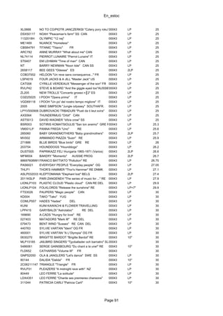 En_estoc
Page 91
XL0668 NO TO CO/PIOTR JANCZERKSI "Cztery pory roku" POL00043 LP 25
DSX50117 NOAH "Peaceman's farm" SS CAN 00043 LP 25
1132018H OLYMPIC "12 nej" 00043 LP 25
ME1469 NUANCE "Homeless" 00043 LP 25
CBS64791 TITANIC "Titanic" FR 00043 LP 25
ARC782 ANNE MURRAY "What about me" CAN 00043 LP 25
NL74114 PIERROT LUNAIRE "Pierrot Lunaire" IT 00043 LP 25
ST6407 EM LEHMAN "Time of man" CAN 00043 LP 25
NT BARRY NEWMAN "Noon tide" CAN SS 00043 LP 25
2658117 BEE GEES "Odessa" ES 00043 2LP 25
COB37002 HELDON "Un reve sans consequence..." FR 00043 LP 25
LSP4019 FOUR JACKS & A JILL "Master Jack" US 00043 LP 25
CAT008 CYRILLE VERDEAUX "Messenger of the son" FR 00043 LP 25
RVLP42 STEVE & BOARD "And the giggle eyed too"AUSSIE00043 LP 25
ZL205 NEW TROLLS "Concerto grosso n║2" ES 00043 LP 25
CGD25025 I POOH "Opera prima" IT 00043 LP 25
VGD69118 I POOH "Un po' del nostro tempo migliore" IT 00043 LP 25
2005 MIKE SIMPSON "Jungle odyssey" SOUTHAFR. 00043 LP 25
LPYVS50906 DUBROVACKI TRBADURI "Pusti da ti leut svira" 00043 LP 25
AXS564 THUNDERMUG "Orbit" CAN 00043 LP 25
AST5013 DAVID WAGNER "d/b/a crow" SS 00043 LP 25
BSR003 SOTIRIS KOMATSIOULIS "San ton anemo" GRE RE00043 LP 25.3
VM001LP PANNA FREDA "Uno" RE 00043 LP 25.6
285060 BABY GRANDMOTHERS "Baby grandmothers" 00043 2LP 25.7
MV002 ARMANDO PIAZZA "Suαn" RE 00043 LP 25.9
271886 BLUE BIRDS "Blue birds" GRE RE 00043 LP 26
203754 HOUNDDOGS "Hounddogs" 00043 LP 26.2
DUST005 PAPRIKAZZ FEL! Hungaria 1965-1971 (Varios) 00043 2LP 26.6
MFM004 BAKERY "Momento" AUSSIE PROG 00043 2LP 26.7
88697608991FRANCO BATTIATO "Pollution" RE 00043 LP 26.75
PAS6021 EVERYDAY PEOPLE "Everyday people" OG 00043 LP 27.05
THLP1 THOR'S HAMMER "Thor's Hammer" RE DNMK 00043 LP 27.1
ASLP032033 KLEPTOMANIA "Elephant lost" BELG 00043 2LP 27.4
2011KSLP PARI ZANGENEH "The series of music for ..." RE 00043 LP 27.9
LIONLP103 PLASTIC CLOUD "Plastic cloud" CAN RE DEL 00043 LP 29.9
LIONLP104 FOLKLORDS "Release the sunshine" RE 00043 LP+7" 29.9
FTS3026 PAUPERS "Magic people" CAN 00043 LP 30
KD004 TAKO "Tako" YUG 00043 LP 30
COMLP007 HADES "Hades" DEL 00043 LP 30
KUNI KUNI KAWACHI & FLOWER TRAVELLING 00043 LP 30
LPP415 GARYBALDI "Astrolabio" RE DEL 00043 LP 30
169690 A-CADS "Hungry for love" RE 00043 LP 30
027403 MATADORS "Mark III" RE DEL 00043 LP 30
079473 BENT WIND "Sussex" RE CAN DEL 00043 LP 30
440763 SYLVIE VARTAN "Idem" OG FR 00043 LP 30
460001 SYLVIE VARTAN "A L'Olympia" OG FR 00043 LP 30
0630270 BRIGITTE BARDOT "Brigitte Bardot" RE 00043 10" 30
MLP15165 JAILBIRD SINGERS "Tjyvballader och barnatro" SUE00043 30
5486061 SERGE GAINSBOURG "Du chant a la une!" RE 00043 10" 30
FLD652 CATHARSIS "Volume III" FR 00043 30
GNPS2050 OLA & JANGLERS "Let's dance" SWE SS 00043 LP 30
80144 DALIDA "Dalida" FR 00043 10" 30
2C06211147 TRIANGLE "Triangle" FR 00043 LP 30
RVLP31 PLEAZERS "A midnight rave with" NZ 00043 LP 30
80449 LEO FERRE "La solitude" 00043 LP 30
LDX4351 LEO FERRE "Chante ses premieres chansons" 00043 LP 30
311044 PATRICIA CARLI "Patricia Carli" 00043 10" 30
 