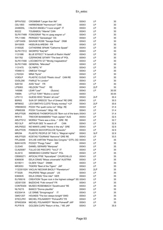 En_estoc
Page 93
SPFA7002 CROWBAR "Larger than life" 00043 LP 30
CEL1893 HARMONIUM "Harmonium" CAN 00043 LP 30
2448005L I NUOVI ANGELI "I nuovi angeli" IT 00043 LP 30
80222 TOUBABOU "Attente" CAN 00043 LP 30
SLPX17489 FONOGRAF "Na mi ujsag wagner ur" 00043 LP 30
TPL11080 PERIGEO "Genealogia" ES 00043 LP 30
LSP10459 SAVAGE ROSE "Savage Rose" DNM 00043 LP 30
SH10005 HIGELIN & ARESKI FR 00043 LP 30
314002E CATHERINE SPAAK "Catherine Spaak" 00043 LP 30
SLPX17512 SKORPIO "Kelj fel!" 00043 LP 30
1131586 BLUE EFFECT "A benefit of Radim Hladik" 00043 LP 30
SX1762 CZERWONE GITARY "The best of" POL 00043 LP 30
SLPX17490 LOCOMOTIV GT "Mindig magasabbra" 00043 LP 30
SLPX17480 GENERAL "Mikrolied" 00043 LP 30
1131475 OLYMPIC "4" 00043 LP 30
YD99013 OMEGA "Omega" 00043 LP 30
L702324 MINA "Kyrie" 00043 LP 30
VOIDLP PLASTIC CLOUD "Plastic cloud" CAN RE 00043 LP 30
GVDL290 FAIRUZ "In London" 00043 LP 30
S26154 AXIS "Axis" FR 00043 LP 30
LPS083 HELDON "Third" RE 00043 2LP 30
145086 LEAR "Lear" (Suizos) 00043 LP 30.05
7069N LITTLE TONY "Mulino a vento" 00043 30.05
LP5113 GUESS WHO "Shakin' all over" 00043 2LP 30.4
BSR02 SUN OF GREECE "Sun of Greece" RE GRE 00043 LP 30.5
MFM002 LEVI SMITH'S CLEFS "Empty monkey" +LP 00043 2LP 30.6
VRM36033 POOH "Per quelli come noi" 180gr. RE 00043 LP 31.4
VRMS358 POOH "Contrasto" 180gr. RE 00043 LP 31.4
ARLP7026 ANDREAS THOMOPOULOS "Born out of the tears.." RE00043 LP 31.4
RFR13 TREVOR McNAMARA "Yeah captain" AUS 00043 LP 32.5
ARLP7012 MORKA "There was a time..." GRE RE 00043 LP 32.7
RD13LP ARTHUR GEE "In search of" CAN 00043 LP 32.9
ARLP0022 NO MAN'S LAND "Home in the sky" GRE 00043 LP 32.9
ARLP7035 PANNOS SAVVOPOULOS "Episodio" 00043 LP 32.9
MR294 PLASTIC PEOPLE OF THE U. "Magical nights" 00043 3LP 32.9
ARLP7020 KOSTAS TOURNAS "Astronira" GRE RE 00043 LP 33.5
FPL20095 SYLVIE VARTAN "Palais Des Congres " GTFL OG FR00043 LP 35
BAN14376 POOGY "Poogy Tales" ISR 00043 LP 35
CL5345 DANIEL GERARD "Mariposa" 00043 LP 35
CLN25067 TULLIO DE PISCOPO "Vol.2" IT 00043 LP 35
XL0410 NIEBIESKO CZARNI "Alarm!" POL 00043 LP 35
CBS65271 APOCALYPSE "Apocalipse" CHURCHILLS 00043 LP 35
6360639 EELA CRAIG "Missa universalis" AUSTRIA 00043 LP 35
6318011 OLSEN "Olsen" DNMK 00043 LP 35
MR3053 TIGERS "Best of the Tigers" JAP 00043 LP 35
113230102H VACLAV NECKAR BACILY "Planetarium" 00043 2LP 35
FT3026 PAUPERS "Magic people" US 00043 LP 35
6360635 EELA CRAIG "One niter" GER 00043 LP 35
ELF95016 CREATION "Super rock in the highest cottage!" SS 00043 LP 35
UD301339 BAZOCHE "Folk romand" FR 00043 LP 35
CONTE004 MUSEO ROSENBACH "Zarathrustra" RE 00043 LP 35
NL74215 BANCO "Donna plautilla" 00043 LP 35
6323041A LE ORME "Smogmagica" IT 00043 LP 35
GMG1207 HOUNDS "The lion sleeps tonight" SWD 00043 LP 35
STECLP81 MICHEL POLNAREFF "Polnareff's" FR 00043 LP 35
EPIA53004 MICHEL POLNAREFF "Michel Polnareff" JAP 00043 LP 35
PLP7618 GOLDEN CUPS "Return of the..." RE JAP 00043 LP 35.9
 