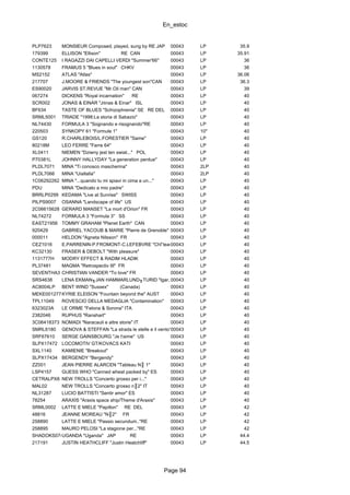 En_estoc
Page 94
PLP7623 MONSIEUR Composed, played, sung by RE JAP 00043 LP 35.9
179399 ELLISON "Ellison" RE CAN 00043 LP 35.91
CONTE125 I RAGAZZI DAI CAPELLI VERDI "Summer'66" 00043 LP 36
1130578 FRAMUS 5 "Blues in soul" CHKV 00043 LP 36
MS2152 ATLAS "Atlas" 00043 LP 36.06
217707 J.MOORE & FRIENDS "The youngest son"CAN 00043 LP 36.3
ES90020 JARVIS ST.REVUE "Mr.Oil man" CAN 00043 LP 39
067274 DICKENS "Royal incarnation" RE 00043 LP 40
SCR002 JONAS & EINAR "J≤nas & Einar" ISL 00043 LP 40
BF634 TASTE OF BLUES "Schizophrenia" SE RE DEL 00043 LP 40
SRML5001 TRIADE "1998:La storia di Sabazio" 00043 LP 40
NL74430 FORMULA 3 "Sognando e risognando"RE 00043 LP 40
220503 SYNKOPY 61 "Formule 1" 00043 10" 40
GS120 R.CHARLEBOIS/L.FORESTIER "Same" 00043 LP 40
80218M LEO FERRE "Ferre 64" 00043 LP 40
XL0411 NIEMEN "Dziwny jest ten swiat..." POL 00043 LP 40
P70381L JOHNNY HALLYDAY "La generation perdue" 00043 LP 40
PLDL7071 MINA "Ti conosco mascherina" 00043 2LP 40
PLDL7066 MINA "Uiallalla" 00043 2LP 40
1C06292262 MINA "...quando tu mi spiavi in cima a un..." 00043 LP 40
PDU MINA "Dedicato a mio padre" 00043 LP 40
BRRLP0299 KEDAMA "Live at Sunrise" SWISS 00043 LP 40
PILPS9007 OSANNA "Landscape of life" US 00043 LP 40
2C06615628 GERARD MANSET "La mort d'Orion" FR 00043 LP 40
NL74272 FORMULA 3 "Formula 3" SS 00043 LP 40
EAST21956 TOMMY GRAHAM "Planet Earth" CAN 00043 LP 40
920429 GABRIEL YACOUB & MARIE "Pierre de Grenoble" FR00043 LP 40
000011 HELDON "Agneta Nilsson" FR 00043 LP 40
CEZ1016 E.PARRENIN-P.FROMONT-C.LEFEBVRE "ChΓteau dans les Nuages" FR00043 LP 40
KC32130 FRASER & DEBOLT "With pleasure" 00043 LP 40
1131777H MODRY EFFECT & RADIM HLADIK 00043 LP 40
PL37481 MAGMA "Retrospectiv III" FR 00043 LP 40
SEVENTHA3 CHRISTIAN VANDER "To love" FR 00043 LP 40
SRS4638 LENA EKMAN╖JAN HAMMARLUND╖TURID "Igar, idag, imorgon" SWE00043 LP 40
AC8004LP BENT WIND "Sussex" (Canada) 00043 LP 40
MEKE001277KYRIE ELEISON "Fountain beyond the" AUST 00043 LP 40
TPL11049 ROVESCIO DELLA MEDAGLIA "Contamination" 00043 LP 40
6323023A LE ORME "Felona & Sorona" ITA 00043 LP 40
2382046 RUPHUS "Ranshart" 00043 LP 40
3C06418373 NOMADI "Naracauli e altre storie" IT 00043 LP 40
SMRL6180 GENOVA & STEFFAN "La strada le stelle e il vento"00043 LP 40
SRF67610 SERGE GAINSBOURG "Je t'aime" US 00043 LP 40
SLPX17472 LOCOMOTIV GT/KOVACS KATI 00043 LP 40
SXL1140 KAMIENIE "Breakout" 00043 LP 40
SLPX17434 BERGENDY "Bergendy" 00043 LP 40
ZZ001 JEAN PIERRE ALARCEN "Tableau N║ 1" 00043 LP 40
LSP4157 GUESS WHO "Canned wheat packed by" ES 00043 LP 40
CETRALPX8 NEW TROLLS "Concerto grosso per i..." 00043 LP 40
MAL02 NEW TROLLS "Concerto grosso n║2" IT 00043 LP 40
NL31287 LUCIO BATTISTI "Sentir amor" ES 00043 LP 40
78254 ARAXIS "Araxis space ship/Theme d'Araxis" 00043 LP 40
SRML0002 LATTE E MIELE "Papillon" RE DEL 00043 LP 42
48816 JEANNE MOREAU "N║2" FR 00043 LP 42
258890 LATTE E MIELE "Passio secundum.."RE 00043 LP 42
258895 MAURO PELOSI "La stagione per..."RE 00043 LP 42
SHADOKS074LPUGANDA "Uganda" JAP RE 00043 LP 44.4
217191 JUSTIN HEATHCLIFF "Justin Heatchliff" 00043 LP 44.5
 