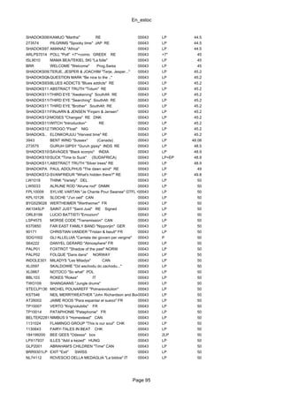 En_estoc
Page 95
SHADOKS069LPKAMIJO "Martha" RE 00043 LP 44.5
273574 PILGRIMS "Spooky time" JAP RE 00043 LP 44.5
SHADOKS97 AMANAZ "Africa" 00043 LP 44.5
ARLPS7014 POLL "Poll" +7"+comic GREEK RE 00043 +7" 45
ISL9010 MAMA BEA/TEKIEL SKI "La folle" 00043 LP 45
BRR WELCOME "Welcome" Prog.Swiss 00043 LP 45
SHADOKS092TERJE, JESPER & JOACHIM "Terje, Jesper..." 00043 LP 45.2
SHADOKSQMQUESTION MARK "Be nice to the .." 00043 LP 45.2
SHADOKS93LPBLUES ADDICTS "Blues addicts" RE 00043 LP 45.2
SHADOKS111ABSTRACT TRUTH "Totum" RE 00043 LP 45.2
SHADOKS115THIRD EYE "Awakening" SouthAfr. RE 00043 LP 45.2
SHADOKS116THIRD EYE "Searching" SouthAfr. RE 00043 LP 45.2
SHADOKS117THIRD EYE "Brother" SouthAfr. RE 00043 LP 45.2
SHADOKS119LPFINJARN & JENSEN "Finjarn & Jensen" 00043 LP 45.2
SHADOKS120MOSES "Changes" RE DNK 00043 LP 45.2
SHADOKS118WITCH "Introduction" RE 00043 LP 45.2
SHADOKS123TIROGO "Float" NIG 00043 LP 45.2
SHADOKS.. ELONKORJUU "Harvest time" RE 00043 LP 45.2
3943 BENT WIND "Sussex" (Canada) 00043 LP 48.08
273575 GURUH GIPSY "Guruh gipsy" INDS RE 00043 LP 48.5
SHADOKS105SAVAGES "Black scorpio" INDIA 00043 LP 48.9
SHADOKS109SUCK "Time to Suck" (SUDAFRICA) 00043 LP+EP 48.9
SHADOKS112ABSTRACT TRUTH "Silver trees" RE 00043 LP 48.9
SHADOKPA PAUL ADOLPHUS "The dawn wind" RE 00043 LP 49
SHADOKS124SVANFRIDUR "What's hidden there?" RE 00043 LP 49.8
LW1018 THINK "Variety" DEL 00043 LP 50
LW5033 ALRUNE ROD "Alrune rod" DNMK 00043 LP 50
FPL10009 SYLVIE VARTAN "Je Chante Pour Swanee" GTFL OG FR00043 LP 50
KPL10126 SLOCHE "J'un oeil" CAN 00043 LP 50
BYG529028 WERTHEIMER "Wertheimer" FR 00043 LP 50
AK1045LP SAINT JUST "Saint Just" RE Signed 00043 LP 50
ORL8199 LUCIO BATTISTI "Emozioni" 00043 LP 50
LSP4575 MORSE CODE "Transmission" CAN 00043 LP 50
6370850 FAR EAST FAMILY BAND "Nipponjin" GER 00043 LP 50
90171 CHRISTIAN VANDER "Tristan & Iseult" FR 00043 LP 50
SDG1002 GLI ALLELUIA "Cantata dei giovani per vergine" 00043 P 50
S64222 DANYEL GERARD "Atmosphere" FR 00043 LP 50
PALP01 FOXTROT "Shadow of the past" NORW 00043 LP 50
PALP02 FOLQUE "Dans dans" NORWAY 00043 LP 50
INDOLE301 MILADYS "Les Miladys" CAN 00043 LP 50
XL0597 SKALDOWIE "Od wschodu do zachodu..." 00043 LP 50
XL0667 NOTOCO "So what" POL 00043 LP 50
BBL103 ROKES "Rokes" IT 00043 LP 50
TWO109 SHANGAANS "Jungle drums" 00043 LP 50
STECLP136 MICHEL POLNAREFF "Polnarevolution" 00043 LP 50
KST546 NEIL MERRYWEATHER "John Richardson and Boers" US00043 LP 50
AT26002 JAIME ROOS "Para espantar el sue±o" FR 00043 LP 50
TP10007 VERTO "Krig/volubilis" FR 00043 LP 50
TP10014 PATAPHONIE "Pataphonie" FR 00043 LP 50
BELTER22815NIMBUS 9 "Homestead" CAN 00043 LP 50
1131024 FLAMINGO GROUP "This is our soul" CHK 00043 LP 50
1130643 FAIRY-TALES IN BEAT CHK 00043 LP 50
184199200 BEE GEES "Odessa" box 00043 2LP 50
LPX17937 ILLES "Add a kezed" HUNG 00043 LP 50
GLP2001 ABRAHAM'S CHILDREN "Time" CAN 00043 LP 50
BRR9301LP EXIT "Exit" SWISS 00043 LP 50
NL74112 ROVESCIO DELLA MEDAGLIA "La bibbia" IT 00043 LP 50
 