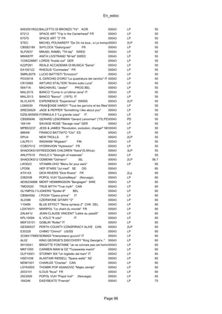 En_estoc
Page 96
8493551RG2230BALLETTO DI BRONZO "Ys" KOR 00043 LP 50
67213 SPACE ART "Trip in the Centerhead" FR 00043 LP 50
67575 SPACE ART "3" FR 00043 LP 50
STEC MICHEL POLNAREFF "De On ira tous...α La trompette"00043 2LP 50
CBS82189 SHYLOCK "Gialorgues" FR 00043 LP 50
SLP2637 MIKAEL RAMEL "Till dej" SWED 00043 LP 50
MNW87P ANITA LIVSTRAND "M÷tet" SWED 00043 LP 50
1C06228887 LORDS "Inside out" GER 00043 LP 50
K22P281 REALE ACCADEMIA DI MUSICA "Same" 00043 LP 50
EA100122 RHESUS "Contrastes" FR 00043 LP 50
SMRL6079 LUCIO BATTISTI "Emozioni" 00043 LP 50
PO33018 IL CERCHIO D'ORO "La quadratura del cerchio" IT 00043 LP 50
CR10065 ARTURO STALTERI "Andre sulla Luna" 00043 LP 50
56471A MACHIAVEL "Jester" PROG BEL 00043 LP 50
MAL2015 BANCO "Come in un'ultima cena" IT 00043 LP 50
MAL2013 BANCO "Banco" (1975) IT 00043 LP 50
SLVLX575 EXPERIENCE "Experience" SWISS 00043 2LP 50
LD60030 FRAN╟OISE HARDY "Tous les garτons et les filles" FR00043 LP 50
SREG9529 JADE & PEPPER "Something I like about you" 00043 LP 50
DZSLN55655 FORMULA 3 "La grande casa" IT 00043 LP 50
CBS80646 GERARD LENORMAN "Gerard Lenorman" ('75) PD00043 PD 50
184144 SAVAGE ROSE "Savage rose" GER 00043 LP 50
MPBS3237 JESS & JAMES "Revolution, evolution, change!" NEL00043 LP 50
88649I FRANCO BATTIATO "Clic" ES 00043 LP 50
DPU4 NEW TROLLS IT 00043 2LP 50
LXLP511 WIGWAM "Wigwam" FIN 00043 LP 50
COB37012 HYDRAVION "Hydravion" FR 00043 LP 50
SHADOKS100102FREEDOMS CHILDREN "Astra"(S.Africa) 00043 3LP 55
ARLP7019 PAVLO V "Strength of materials" 00043 LP 55
SHADOKS121ODMENN "Odmenn" ISL 00043 2LP 56.7
LW3023 VITAMIN OHO "Menu for your ears" 00043 LP 60
LPO06 HEP STARS "Jul med" SE OG 00043 60
ATX143 DICK RIVERS "Dick Rivers" FR 00043 2Lp 60
2382038 POPOL VUH "QuicheMaya" (Noruega) 00043 LP 60
4E06234888 MERIT HEMMINGSON "Bergtagen" SWE 00043 LP 60
TMD2020 TRUE MYTH "True myth" CAN 00043 LP 60
OLYMPOL118JOKERS "Spider-8" BEL 00043 LP 60
CBS64592 I POOH "Opera prima" IT 00043 LP 60
XL0396 CZERWONE GITARY "2" 00043 LP 60
110489 BLUE EFFECT "Nova synteza 2" CHK DEL 00043 LP 60
LDX74571 MARIPOL "Le chant du monde" FR 00043 LP 60
ZAL6412 JEAN-CLAUDE VINCENT "Lettre au passΘ" 00043 LP 60
KPL10094 IL VOLO "Il volo" IT 00043 LP 60
MDF33101 GOBLIN "Roller" IT 00043 LP 60
GES90037 PERTH COUNTY CONSPIRACY ALIVE CAN 00043 2LP 60
E30329 CHIMO "Chimo!" US/SS 00043 LP 60
3C06417990QNOMADI "Interpretano guccini" IT 00043 LP 60
AL02 KING GEORGE'S DISCOVERY "King George's.." 00043 LP 60
SH10041. BRIGITTE FONTAINE "Je ne connais pas cet homme"FR00043 LP 60
MKF1005 CARMEN MAKI & OZ "Tozasareta machi" 00043 LP 60
OLP10001 STORMY SIX "Un biglietto del tram" IT 00043 LP 60
HSD1038 ALASTAIR RIDDELL "Space waltz" NZ 00043 LP 60
MDM1001 CHARLEE "Charlee" CAN 00043 LP 60
LSY63003 THOMIR POP ASANOVIC "Majko zemljo" 00043 LP 60
2933101 ILOUS "Ilous" FR 00043 LP 60
2923009 POPOL VUH "Popol Vuh" (Noruega) 00043 LP 65
184246 EASYBEATS "Friends" 00043 LP 75
 