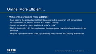 CONFIDENTIAL AND PROPRIETARY. ALL RIGHTS RESERVED.
Online: More Efficient…
11
• Make online shopping more efficient
⎼ Fast track to the products most likely to appeal to the customer, with personalized
recommendations, search results, and product ranking
⎼ Smart, personalized shopping lists  “milk” ≠ “milk”
⎼ Nudge: Anticipatory UI that emphasizes the appropriate next steps based on customer
behavior
⎼ Mitigate high online return rates by identifying likely returns and offering alternatives
 