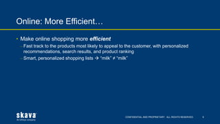 CONFIDENTIAL AND PROPRIETARY. ALL RIGHTS RESERVED.
Online: More Efficient…
9
• Make online shopping more efficient
⎼ Fast track to the products most likely to appeal to the customer, with personalized
recommendations, search results, and product ranking
⎼ Smart, personalized shopping lists  “milk” ≠ “milk”
 
