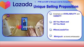 #NasaLazadaYan
Emphasis on AVAILABILITY and
VARIETY
All You Want and
All You Need
Unique Selling Proposition
Mimiyuuh as brand ambassador
I. PTM and USP of Shopee and its Competitors
 