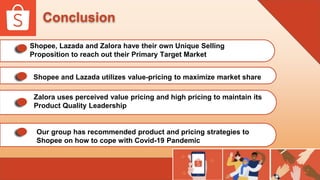 Conclusion
Shopee, Lazada and Zalora have their own Unique Selling
Proposition to reach out their Primary Target Market
Shopee and Lazada utilizes value-pricing to maximize market share
Zalora uses perceived value pricing and high pricing to maintain its
Product Quality Leadership
Our group has recommended product and pricing strategies to
Shopee on how to cope with Covid-19 Pandemic
 