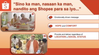 “Sino ka man, nasaan ka man,
nandito ang Shopee para sa iyo...”
Emotionally driven message
HOPE and COMFORT
Provide and deliver regardless of
LOCATION or SOCIAL STATUS
 
