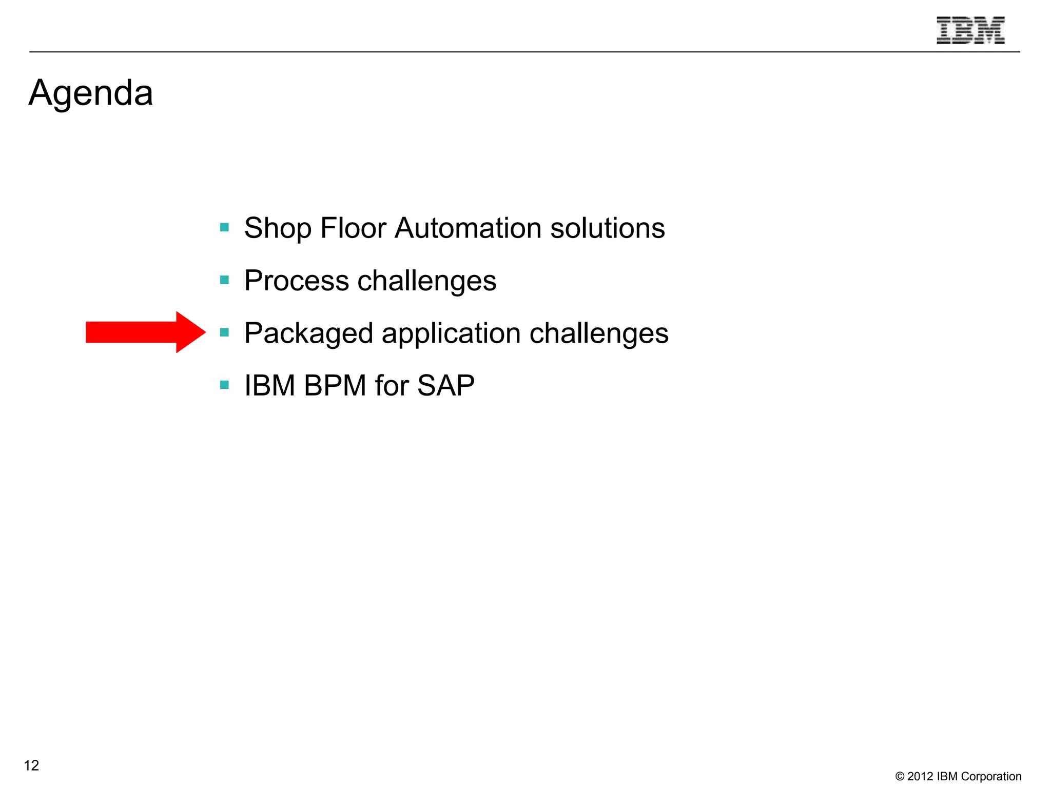 Agenda


          Shop Floor Automation solutions
          Process challenges
          Packaged application challenges
          IBM BPM for SAP




12
                                             © 2012 IBM Corporation
 