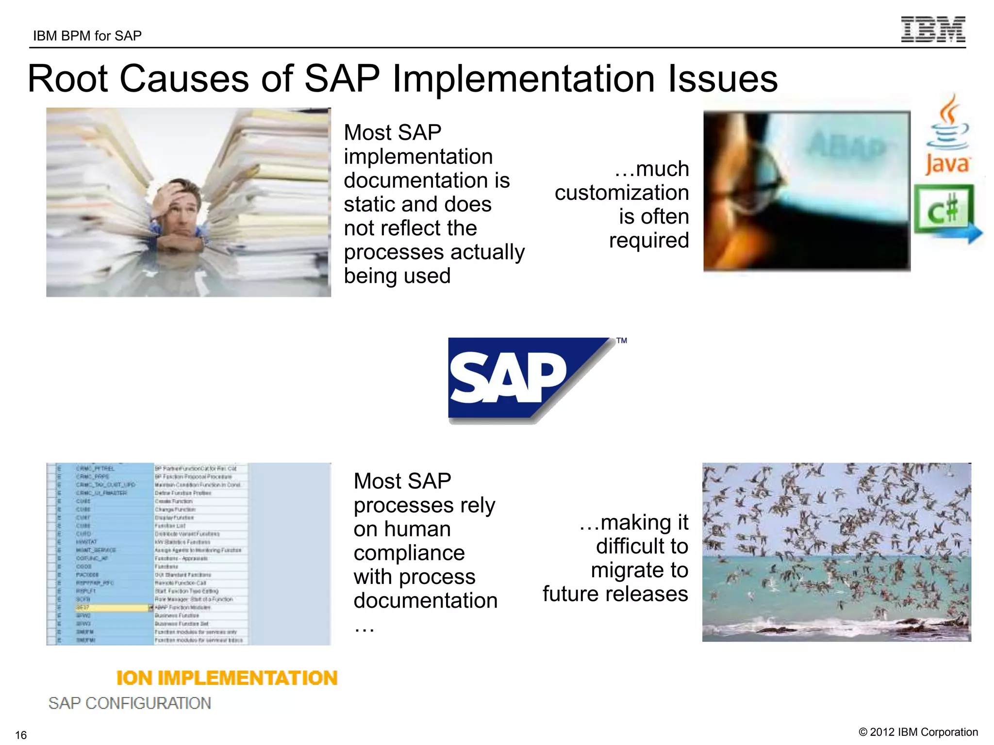 IBM BPM for SAP   IBM Software Group | WebSphere software

 Root Causes of SAP Implementation Issues
                                         Most SAP
                                         implementation
                                                                        …much
                                         documentation is
                                                                  customization
                                         static and does
                                                                        is often
                                         not reflect the
                                                                       required
                                         processes actually
                                         being used




                                          Most SAP
                                          processes rely
                                          on human                   …making it
                                          compliance                   difficult to
                                          with process                migrate to
                                          documentation          future releases
                                          …

          s


16                                                                                    © 2012 IBM Corporation
 