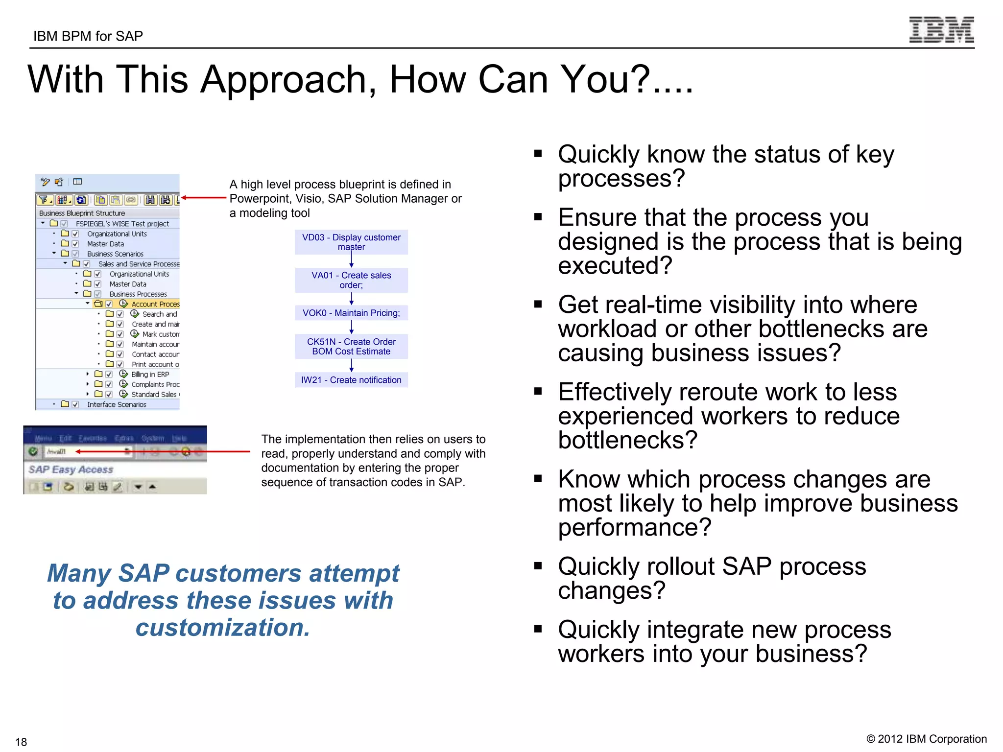 IBM BPM for SAP   IBM Software Group | WebSphere software

 With This Approach, How Can You?....
                                                                                 Quickly know the status of key
                             A high level process blueprint is defined in         processes?
                             Powerpoint, Visio, SAP Solution Manager or
                             a modeling tool
                                                                                 Ensure that the process you
                                          VD03 - Display customer
                                                  master                          designed is the process that is being
                                            VA01 - Create sales
                                                                                  executed?
                                                  order;


                                          VOK0 - Maintain Pricing;               Get real-time visibility into where
                                           CK51N - Create Order
                                                                                  workload or other bottlenecks are
                                            BOM Cost Estimate
                                                                                  causing business issues?
                                          IW21 - Create notification
                                                                                 Effectively reroute work to less
                                                                                  experienced workers to reduce
                                   The implementation then relies on users to
                                   read, properly understand and comply with
                                                                                  bottlenecks?
                                   documentation by entering the proper
                                   sequence of transaction codes in SAP.         Know which process changes are
                                                                                  most likely to help improve business
                                                                                  performance?
      Many SAP customers attempt                                                 Quickly rollout SAP process
      to address these issues with                                                changes?
             customization.                                                      Quickly integrate new process
                                                                                  workers into your business?


18                                                                                                              © 2012 IBM Corporation
 