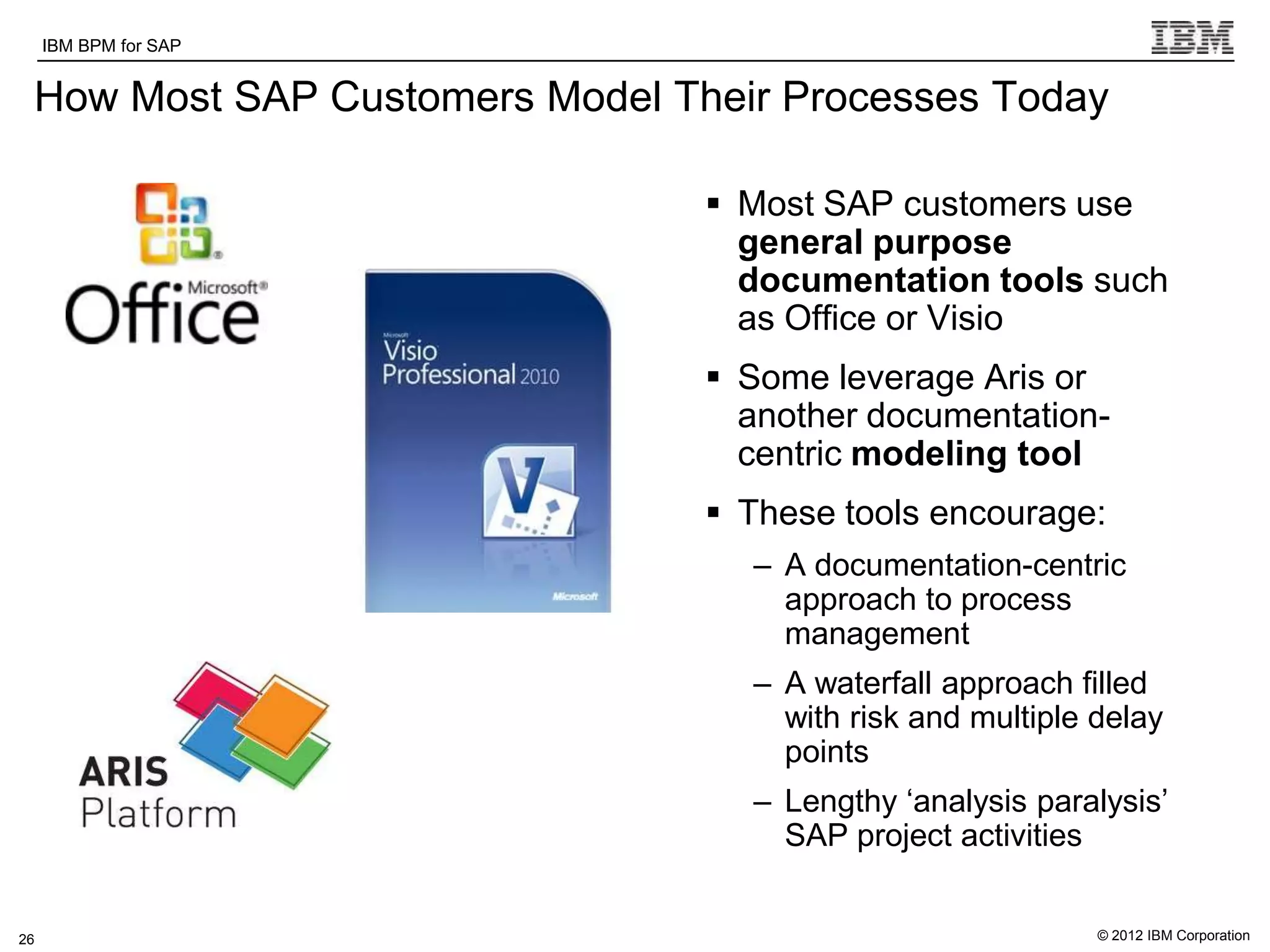 IBM BPM for SAP   IBM Software Group | WebSphere software

 How Most SAP Customers Model Their Processes Today

                                                                  Most SAP customers use
                                                                   general purpose
                                                                   documentation tools such
                                                                   as Office or Visio
                                                                  Some leverage Aris or
                                                                   another documentation-
                                                                   centric modeling tool
                                                                  These tools encourage:
                                                                   – A documentation-centric
                                                                     approach to process
                                                                     management
                                                                   – A waterfall approach filled
                                                                     with risk and multiple delay
                                                                     points
                                                                   – Lengthy „analysis paralysis‟
                                                                     SAP project activities


26                                                                                          © 2012 IBM Corporation
 