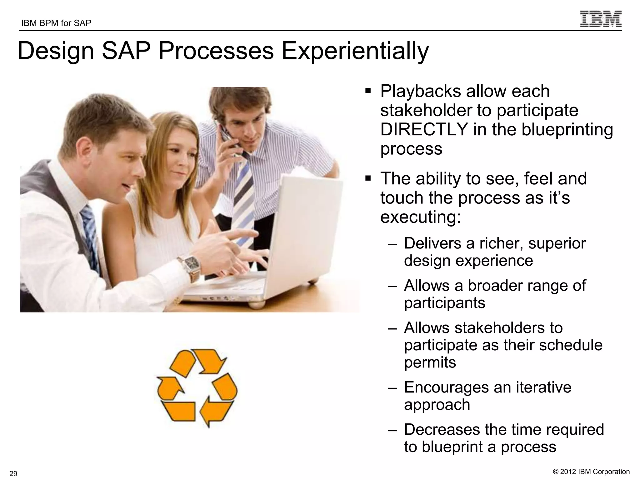 IBM BPM for SAP   IBM Software Group | WebSphere software

 Design SAP Processes Experientially
                                                                  Playbacks allow each
                                                                   stakeholder to participate
                                                                   DIRECTLY in the blueprinting
                                                                   process
                                                                  The ability to see, feel and
                                                                   touch the process as it‟s
                                                                   executing:
                                                                    – Delivers a richer, superior
                                                                      design experience
                                                                    – Allows a broader range of
                                                                      participants
                                                                    – Allows stakeholders to
                                                                      participate as their schedule
                                                                      permits
                                                                    – Encourages an iterative
                                                                      approach
                                                                    – Decreases the time required
                                                                      to blueprint a process
29                                                                                          © 2012 IBM Corporation
 