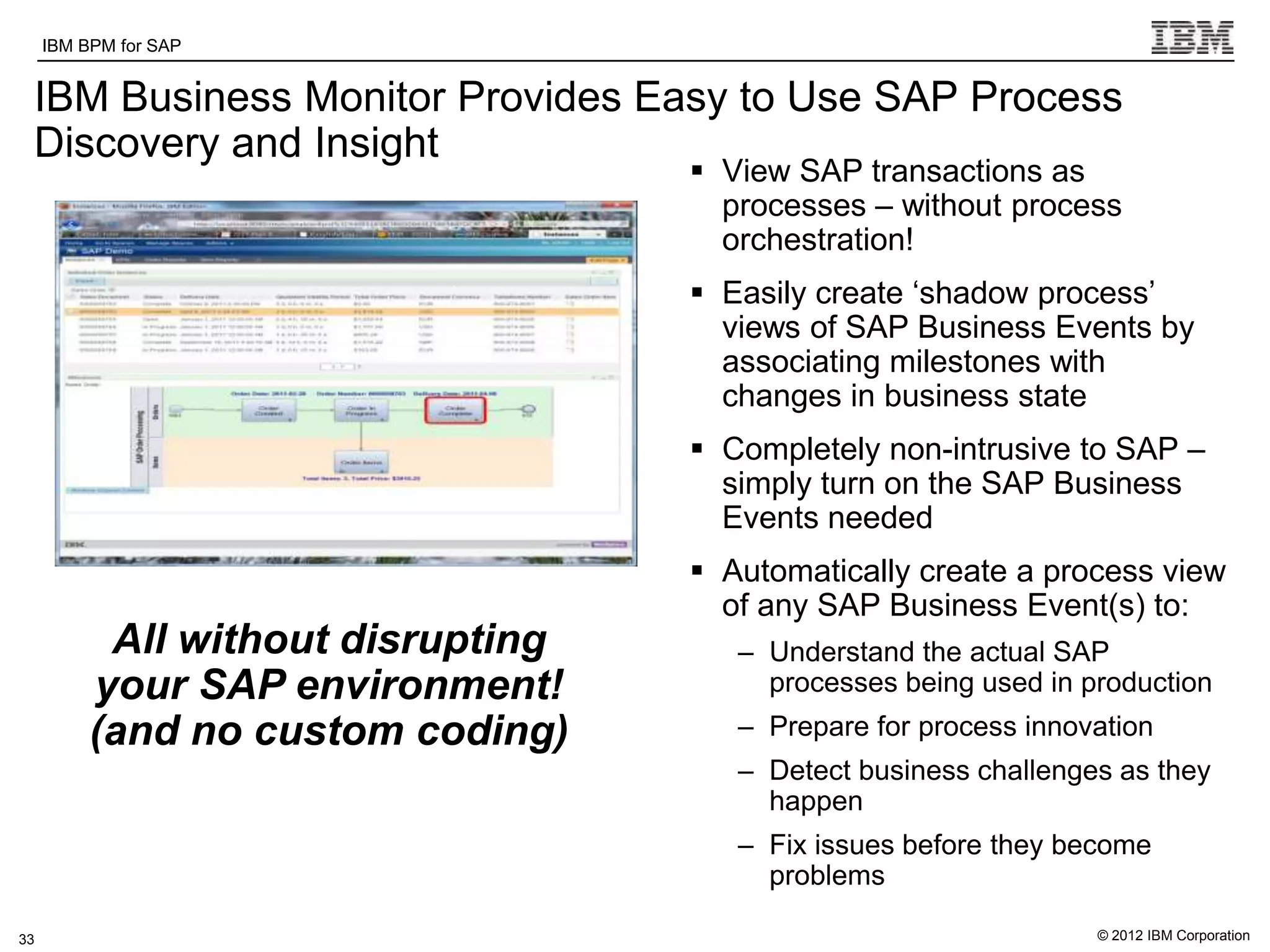 IBM BPM for SAP   IBM Software Group | WebSphere software

 IBM Business Monitor Provides Easy to Use SAP Process
 Discovery and Insight
                                                                  View SAP transactions as
                                                                   processes – without process
                                                                   orchestration!
                                                                  Easily create „shadow process‟
                                                                   views of SAP Business Events by
                                                                   associating milestones with
                                                                   changes in business state
                                                                  Completely non-intrusive to SAP –
                                                                   simply turn on the SAP Business
                                                                   Events needed
                                                                  Automatically create a process view
                                                                   of any SAP Business Event(s) to:
           All without disrupting                                   – Understand the actual SAP
          your SAP environment!                                       processes being used in production
          (and no custom coding)                                    – Prepare for process innovation
                                                                    – Detect business challenges as they
                                                                      happen
                                                                    – Fix issues before they become
                                                                      problems

33                                                                                             © 2012 IBM Corporation
 