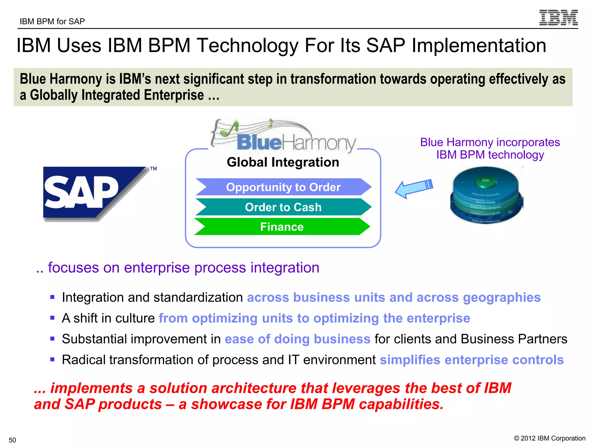 IBM BPM for SAP   IBM Software Group | WebSphere software

 IBM Uses IBM BPM Technology For Its SAP Implementation
     Blue Harmony is IBM’s next significant step in transformation towards operating effectively as
     a Globally Integrated Enterprise …


                                                                         Blue Harmony incorporates
                                                                            IBM BPM technology
                                             Global Integration
                                             Opportunity to Order
                                                Order to Cash
                                                   Finance


        .. focuses on enterprise process integration
            Integration and standardization across business units and across geographies
            A shift in culture from optimizing units to optimizing the enterprise
            Substantial improvement in ease of doing business for clients and Business Partners
            Radical transformation of process and IT environment simplifies enterprise controls

        ... implements a solution architecture that leverages the best of IBM
        and SAP products – a showcase for IBM BPM capabilities.

50                                                                                        © 2012 IBM Corporation
 