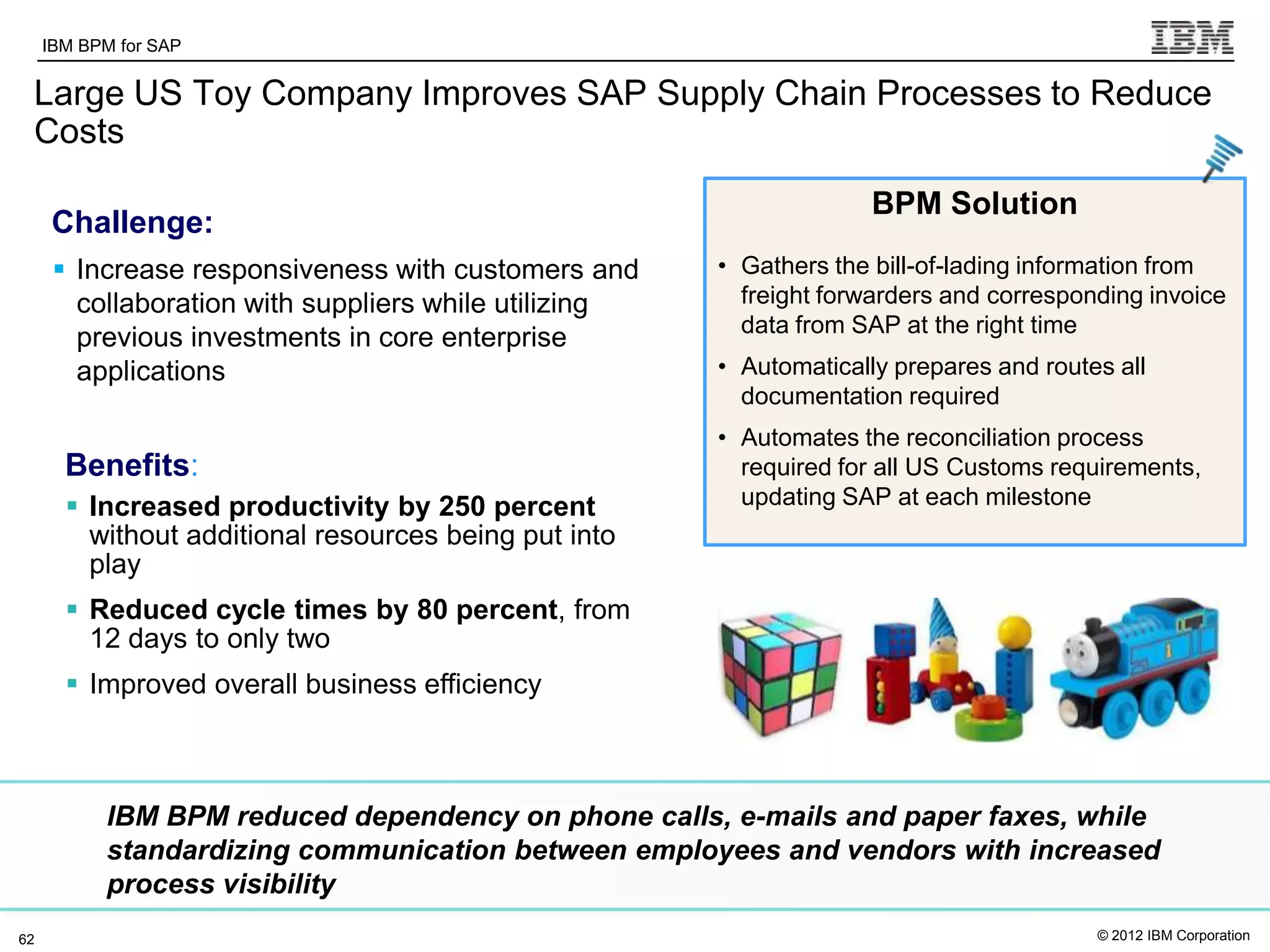 IBM BPM for SAP   IBM Software Group | WebSphere software

 Large US Toy Company Improves SAP Supply Chain Processes to Reduce
 Costs

                                                                               BPM Solution
      Challenge:
       Increase responsiveness with customers and               • Gathers the bill-of-lading information from
        collaboration with suppliers while utilizing               freight forwarders and corresponding invoice
                                                                   data from SAP at the right time
        previous investments in core enterprise
        applications                                             • Automatically prepares and routes all
                                                                   documentation required
                                                                 • Automates the reconciliation process
       Benefits:                                                   required for all US Customs requirements,
        Increased productivity by 250 percent                     updating SAP at each milestone
         without additional resources being put into
         play
        Reduced cycle times by 80 percent, from
         12 days to only two
        Improved overall business efficiency



           IBM BPM reduced dependency on phone calls, e-mails and paper faxes, while
           standardizing communication between employees and vendors with increased
           process visibility
62                                                                                                 © 2012 IBM Corporation
 