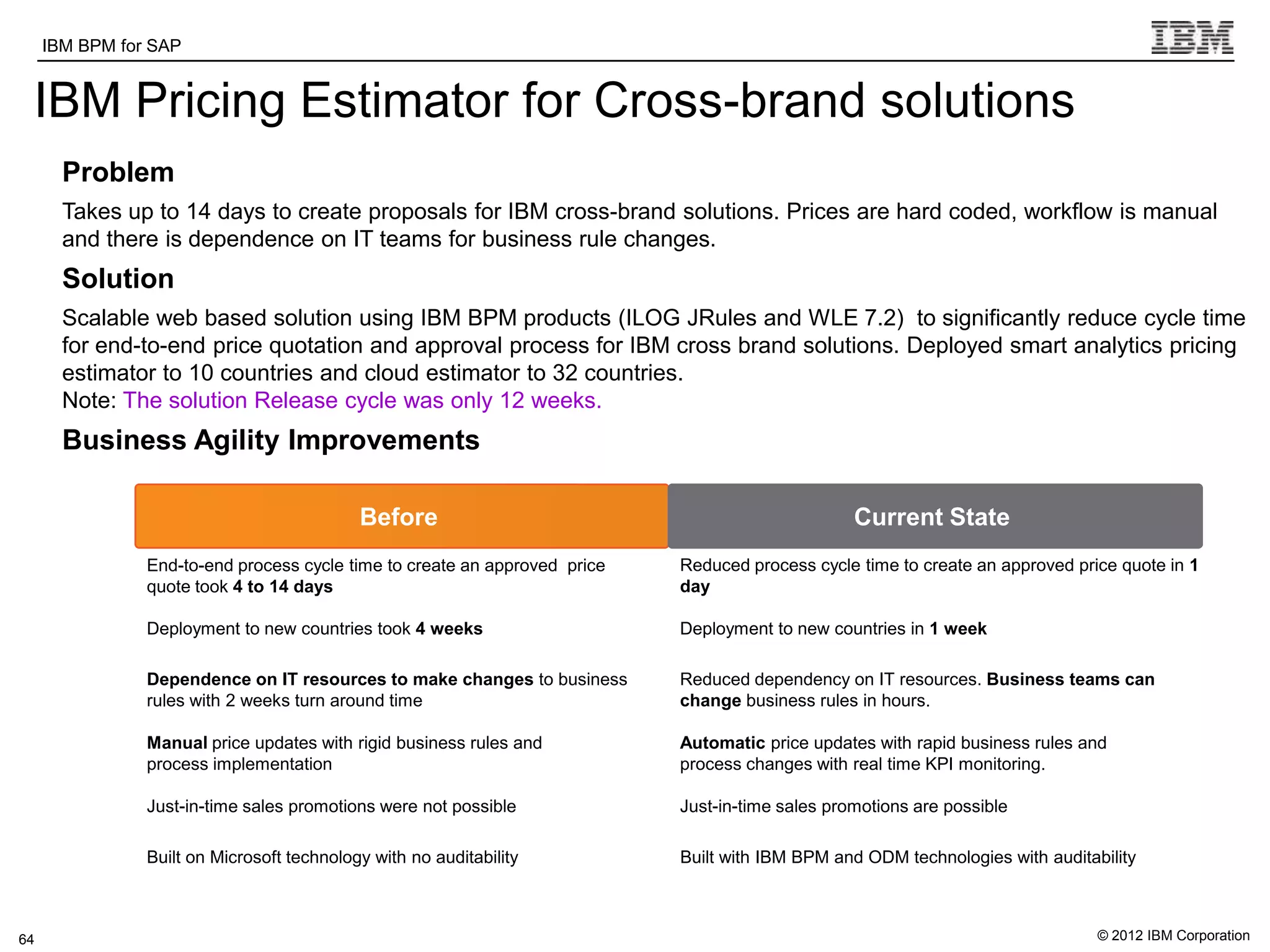 IBM BPM for SAP    IBM Software Group | WebSphere software

 IBM Pricing Estimator for Cross-brand solutions
       Problem
       Takes up to 14 days to create proposals for IBM cross-brand solutions. Prices are hard coded, workflow is manual
       and there is dependence on IT teams for business rule changes.
       Solution
       Scalable web based solution using IBM BPM products (ILOG JRules and WLE 7.2) to significantly reduce cycle time
       for end-to-end price quotation and approval process for IBM cross brand solutions. Deployed smart analytics pricing
       estimator to 10 countries and cloud estimator to 32 countries.
       Note: The solution Release cycle was only 12 weeks.
       Business Agility Improvements

                                            Before                                                Current State
                End-to-end process cycle time to create an approved price   Reduced process cycle time to create an approved price quote in 1
                quote took 4 to 14 days                                     day

                Deployment to new countries took 4 weeks                    Deployment to new countries in 1 week

                Dependence on IT resources to make changes to business      Reduced dependency on IT resources. Business teams can
                rules with 2 weeks turn around time                         change business rules in hours.

                Manual price updates with rigid business rules and          Automatic price updates with rapid business rules and
                process implementation                                      process changes with real time KPI monitoring.

                Just-in-time sales promotions were not possible             Just-in-time sales promotions are possible

                Built on Microsoft technology with no auditability          Built with IBM BPM and ODM technologies with auditability



64                                                                                                                              © 2012 IBM Corporation
 