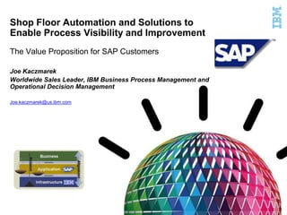 Shop Floor Automation and Solutions to
Enable Process Visibility and Improvement
The Value Proposition for SAP Customers

Joe Kaczmarek
Worldwide Sales Leader, IBM Business Process Management and
Operational Decision Management

Joe.kaczmarek@us.ibm.com
 
