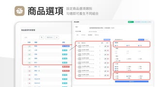 Make
Outstanding
Every
Design
設定商品選項類別

勾選即可產⽣不同組合
商品選項
 