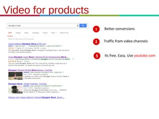 Video for products
Better conversions
Traffic from video channels
Its free. Easy. Use youtube.com

21.3.11

 